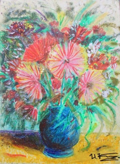 Flowers in a blue vase. Cardboard, author's technique, 29x21.5 cm