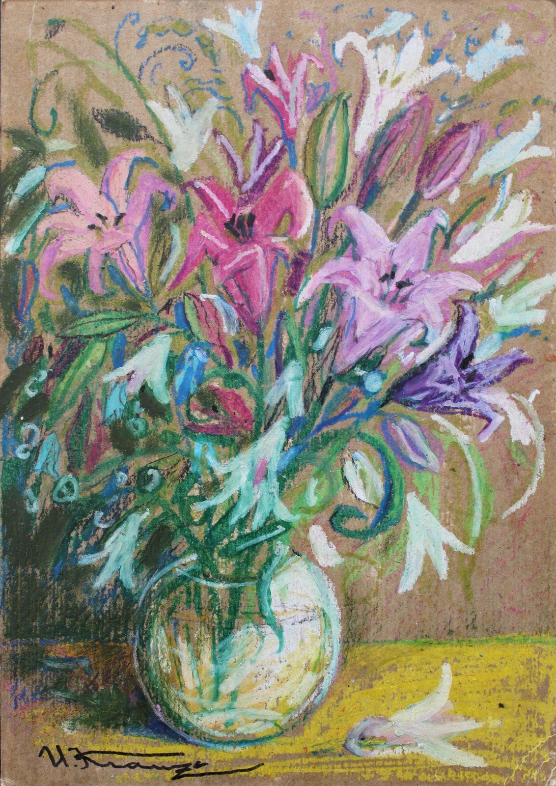 Uldis Krauze Still-Life Painting - Flowers in a glass vase  Cardboard, author's technique, 31.5x22.5 cm