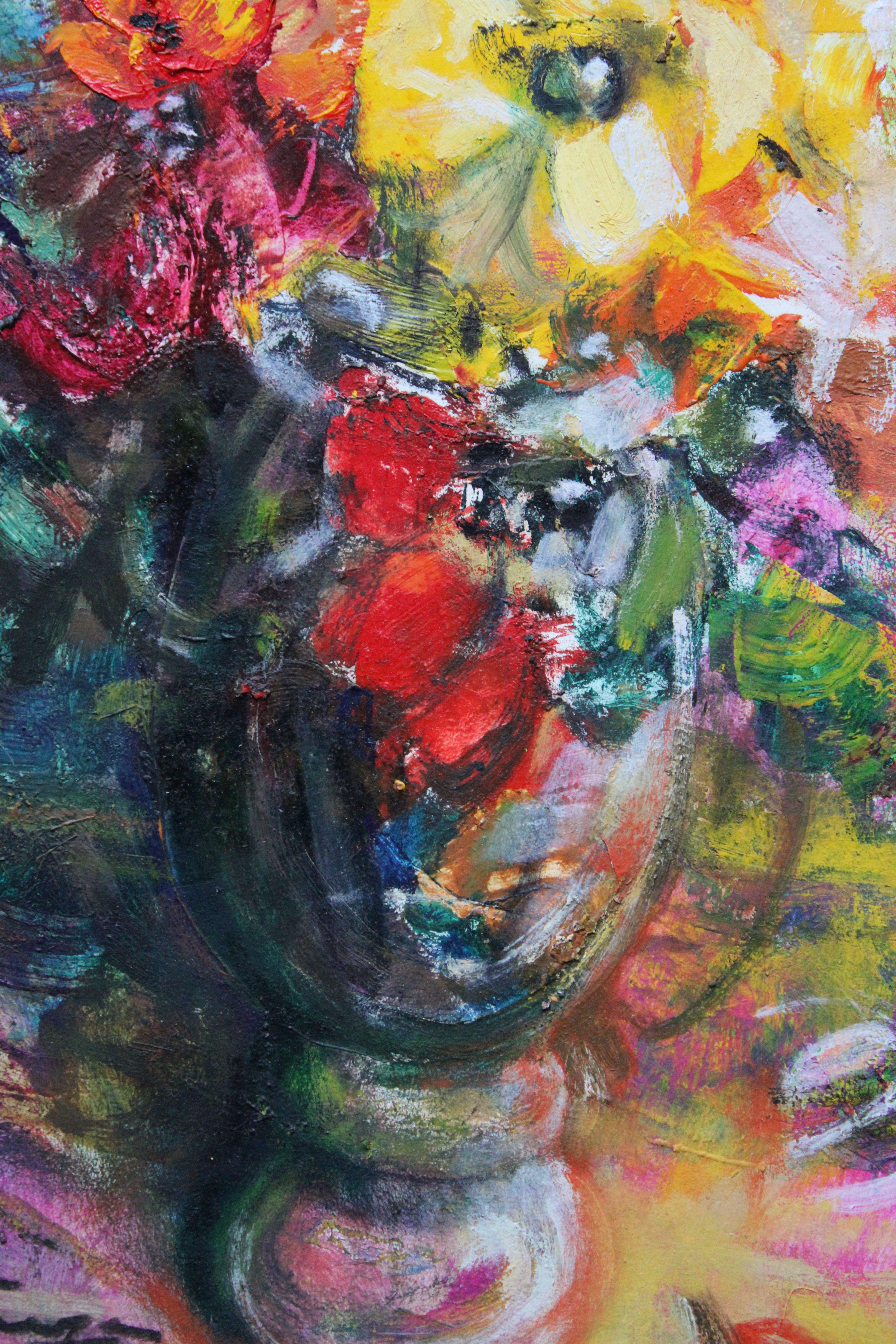 Flowers in a vase  2010, cardboard, oil, 64x46 cm For Sale 1