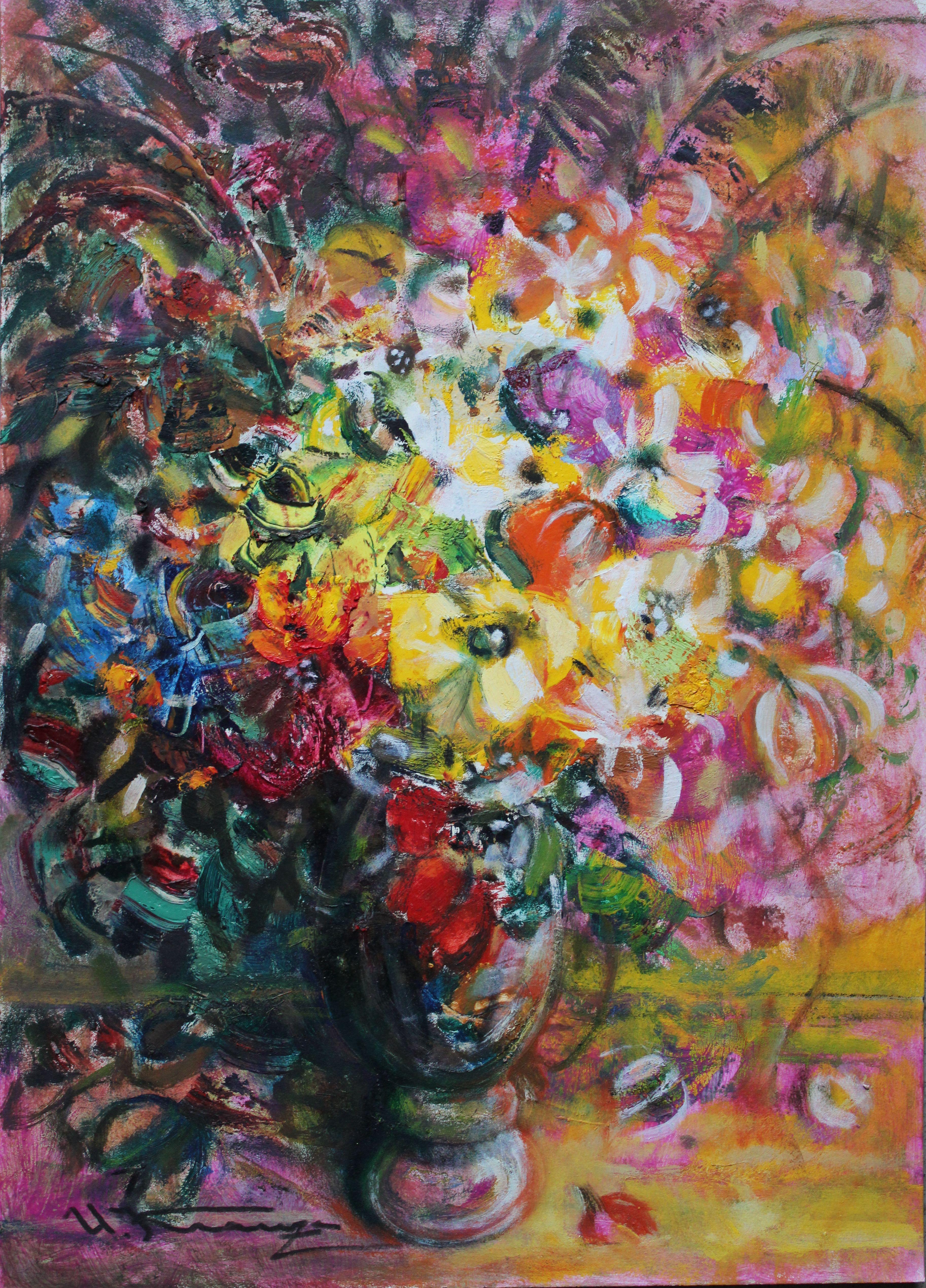Flowers in a vase  2010, cardboard, oil, 64x46 cm - Art by Uldis Krauze