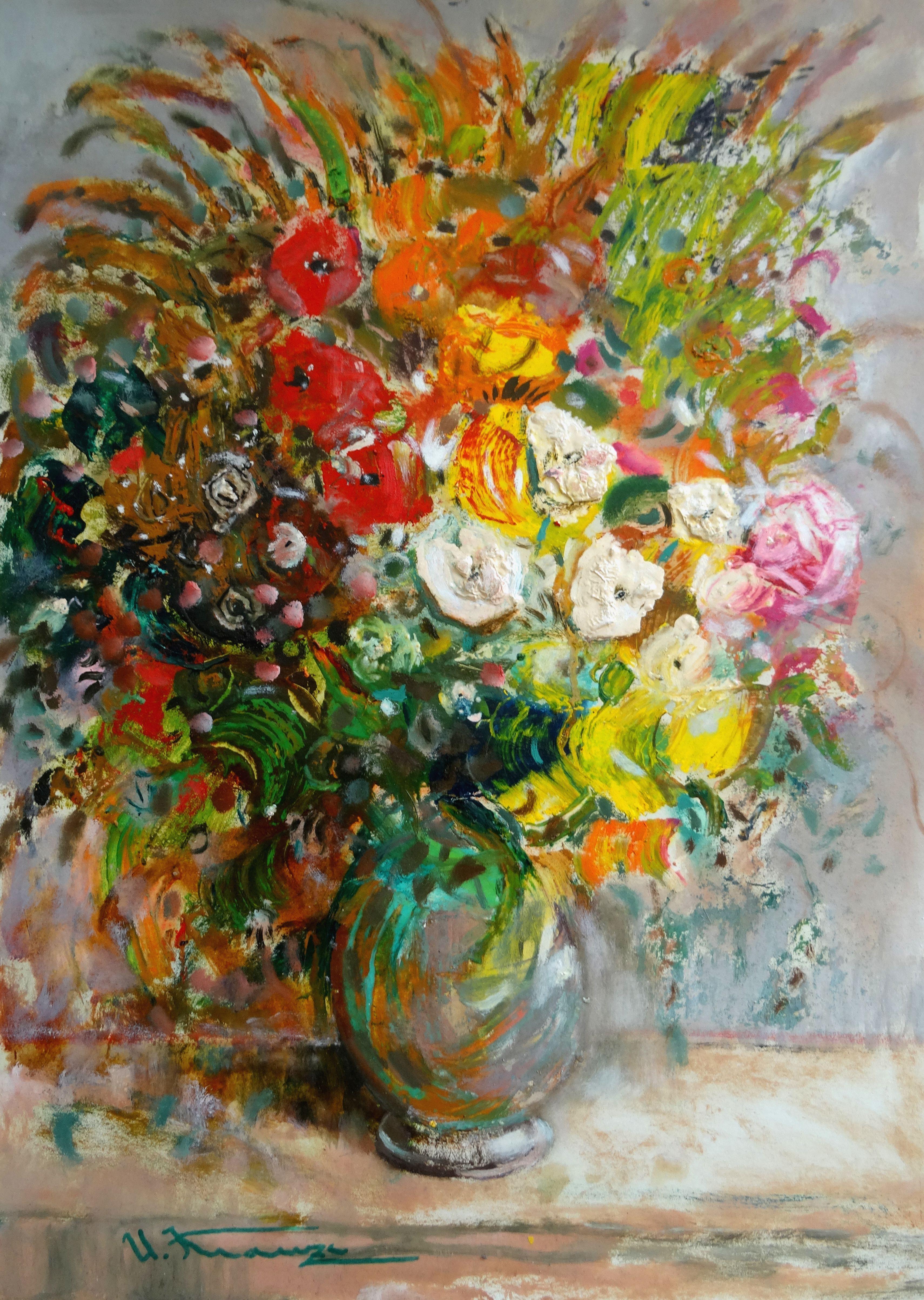 Flowers in a vase. 2020, cardboard, oil, 70x50 cm - Painting by Uldis Krauze