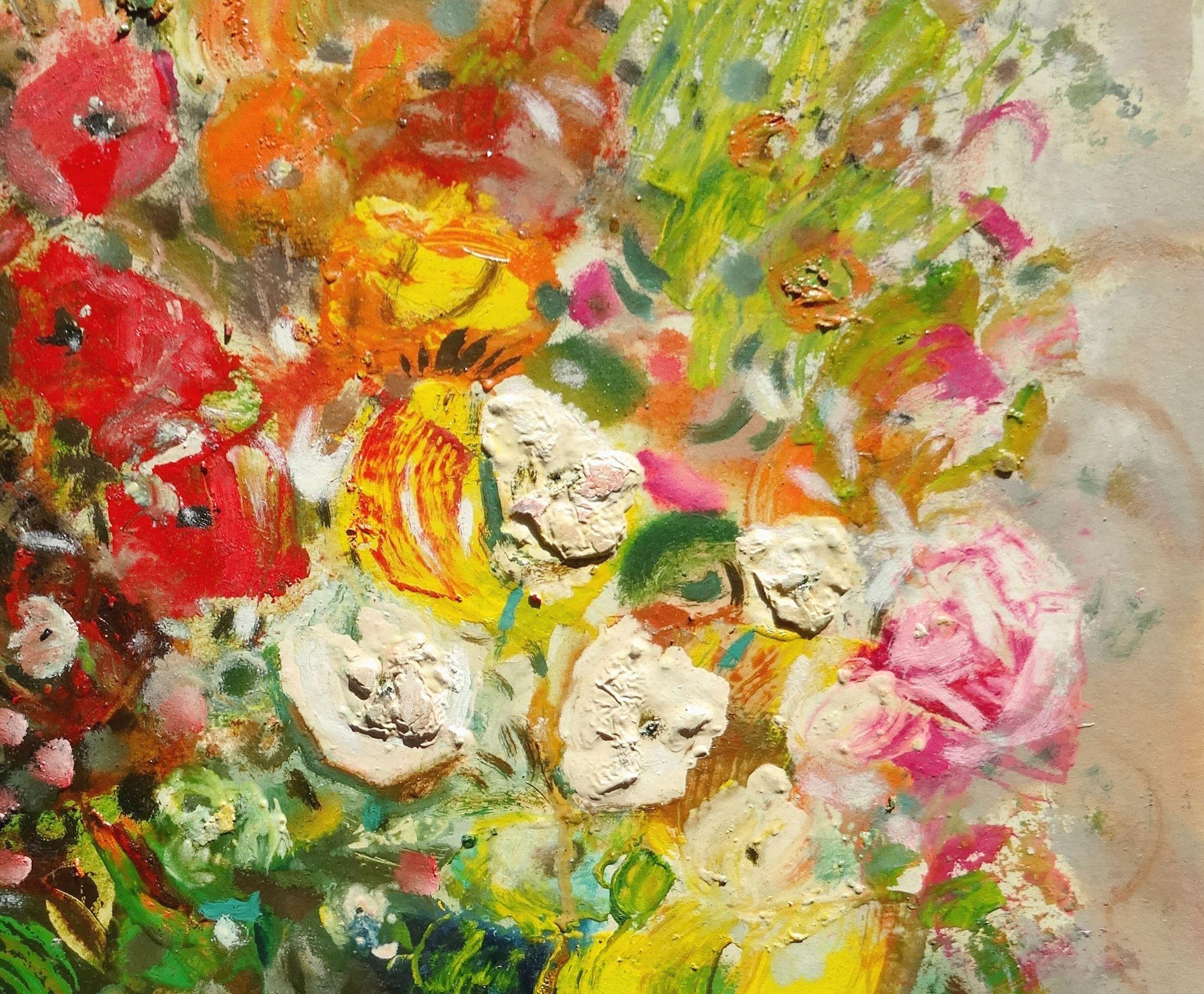 Fiori in un vaso. 2020, cartone, olio, 70x50 cm - Painting Impressionismo di Uldis Krauze
