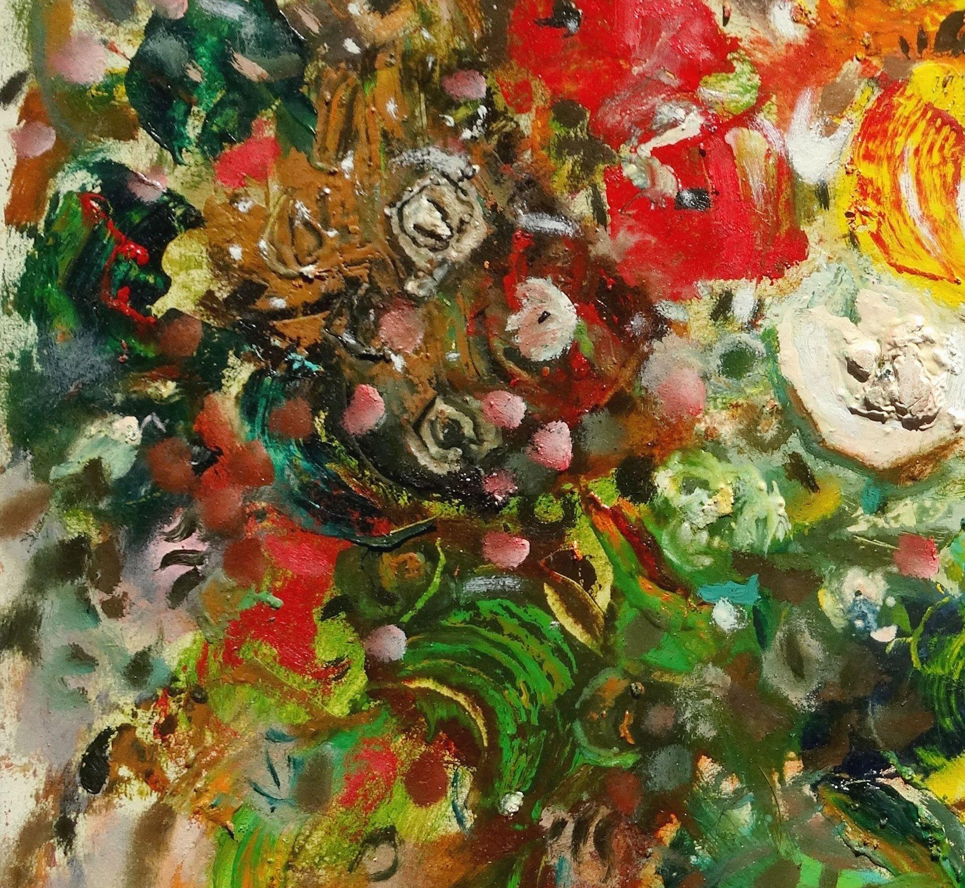 Fiori in un vaso. 2020, cartone, olio, 70x50 cm - Abstract Painting Marrone di Uldis Krauze