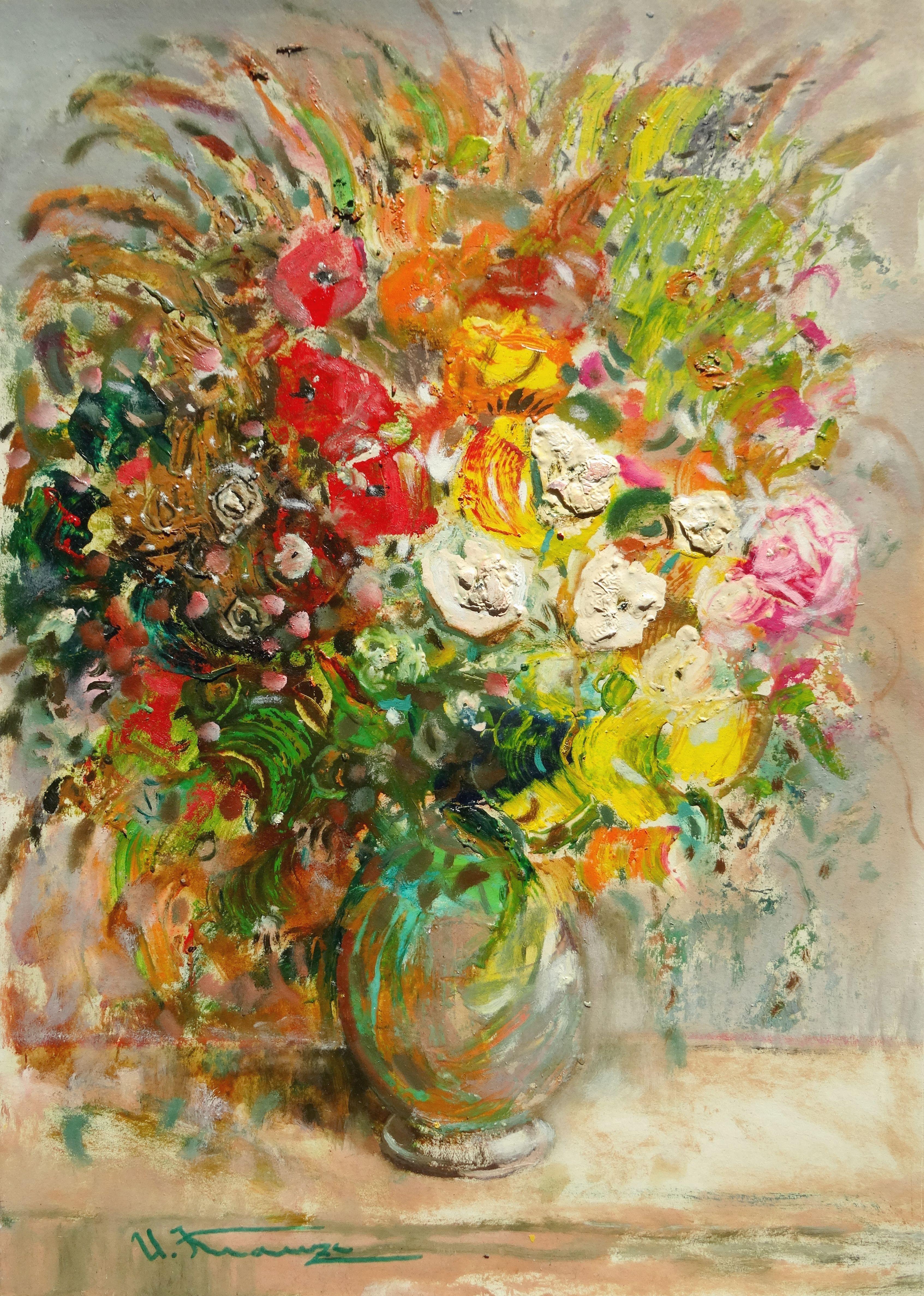 Flowers in a vase. 2020, cardboard, oil, 70x50 cm