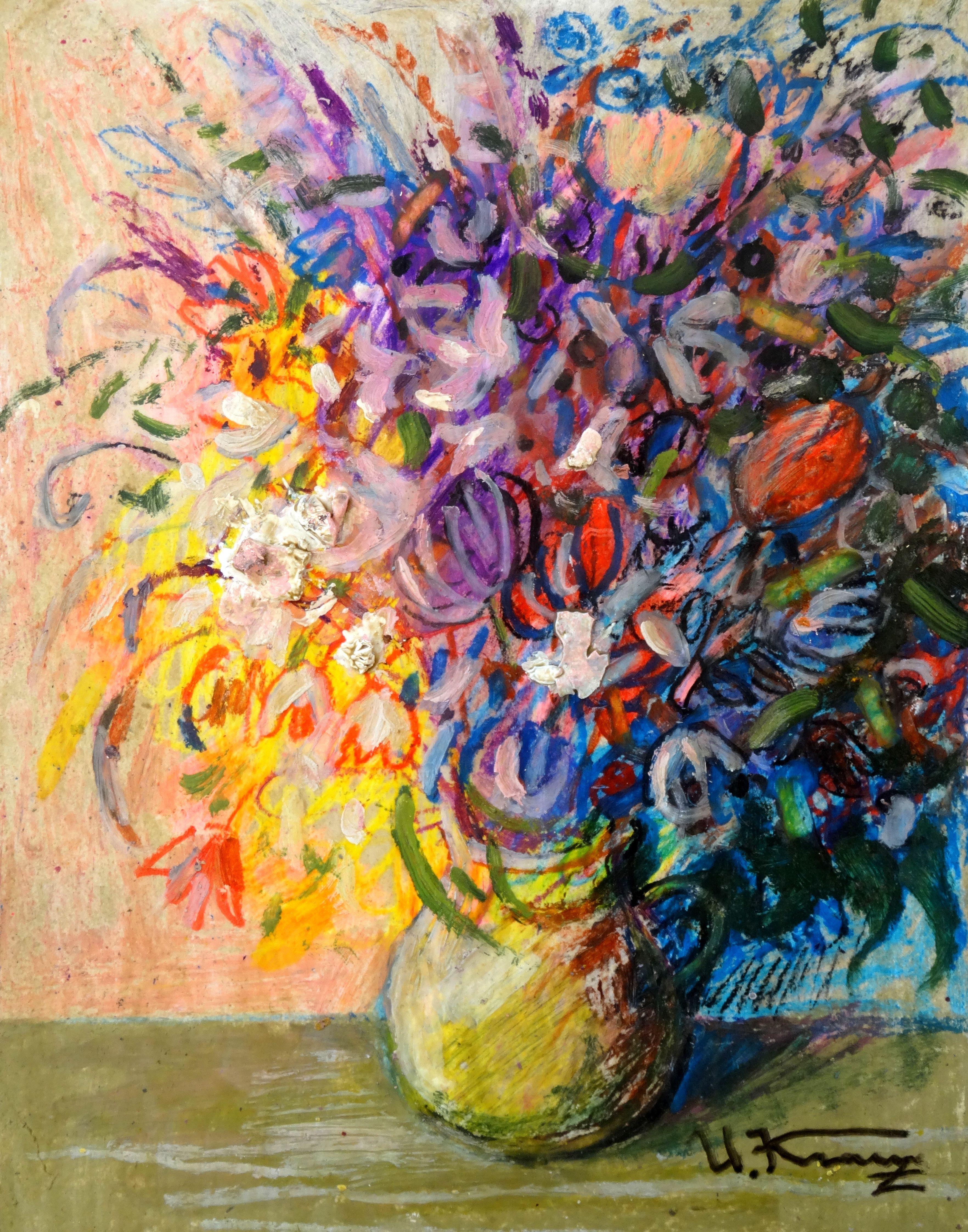Uldis Krauze Abstract Painting - Flowers in a vase. Cardboard, oil, 27x21 cm