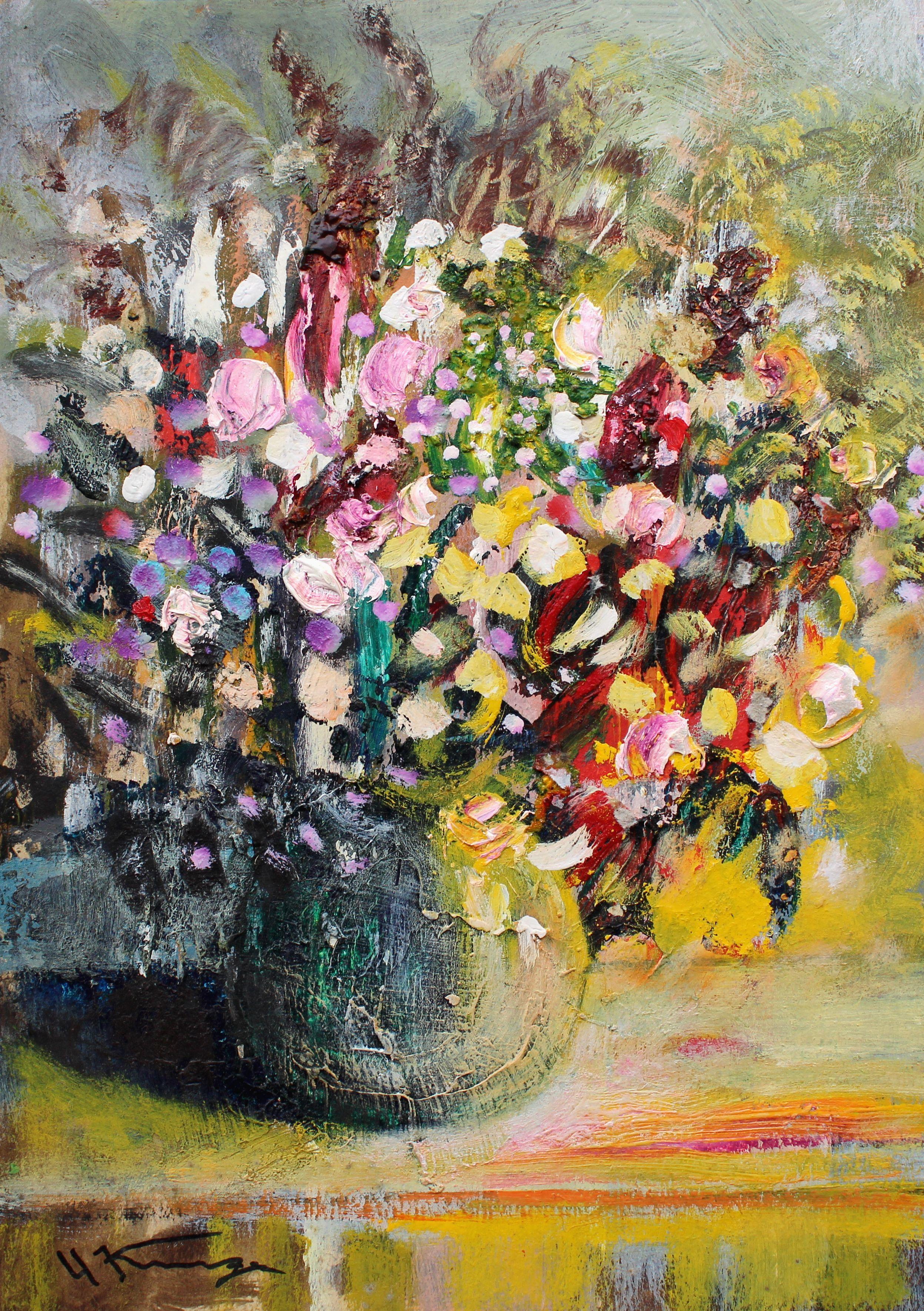 Abstract Painting Uldis Krauze - Des fleurs dans un vase. Cardboard, huile, 30,5 x22 cm
