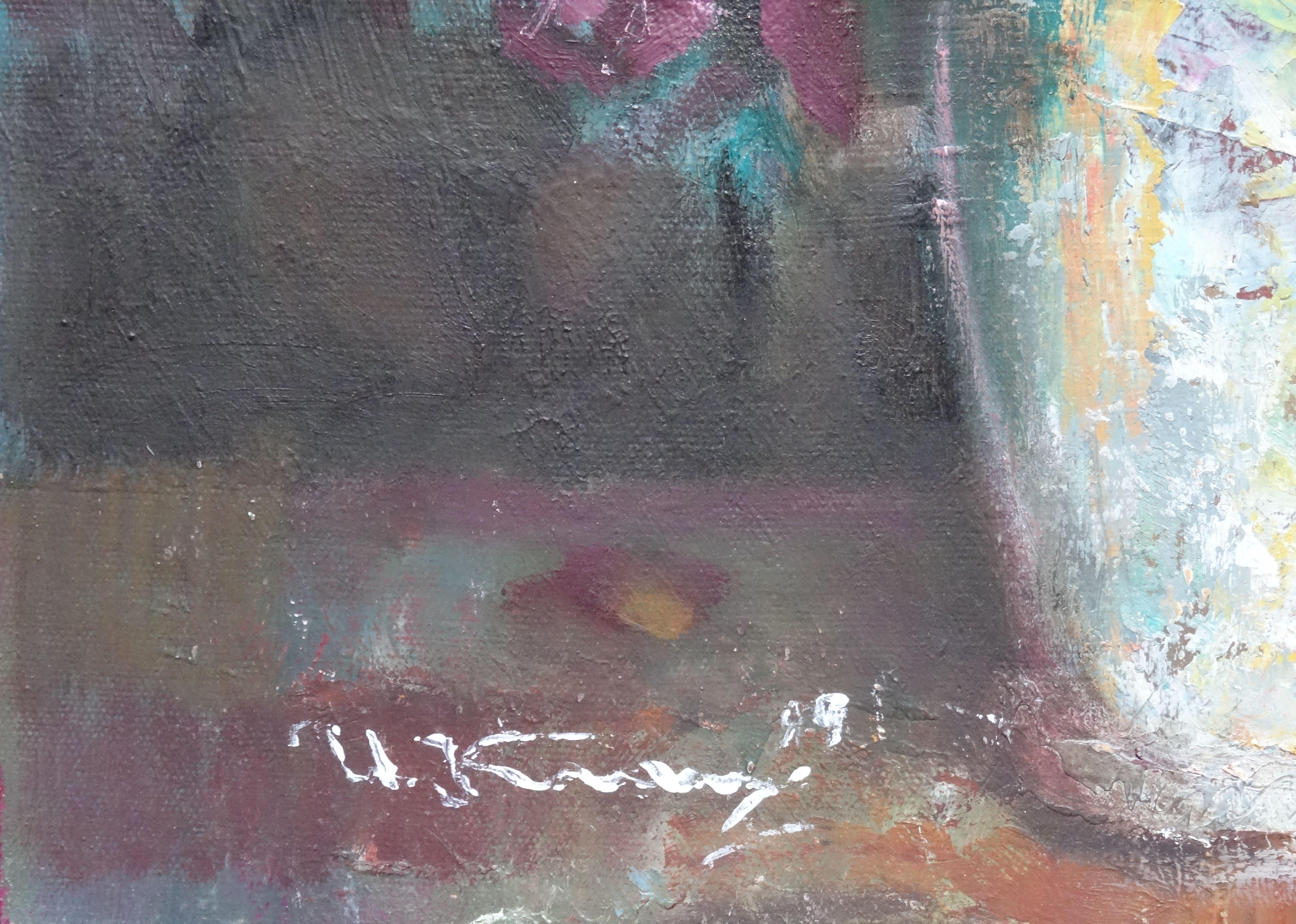 Flowers in a vase. Oil on cardboard, 51x36 cm - Painting by Uldis Krauze