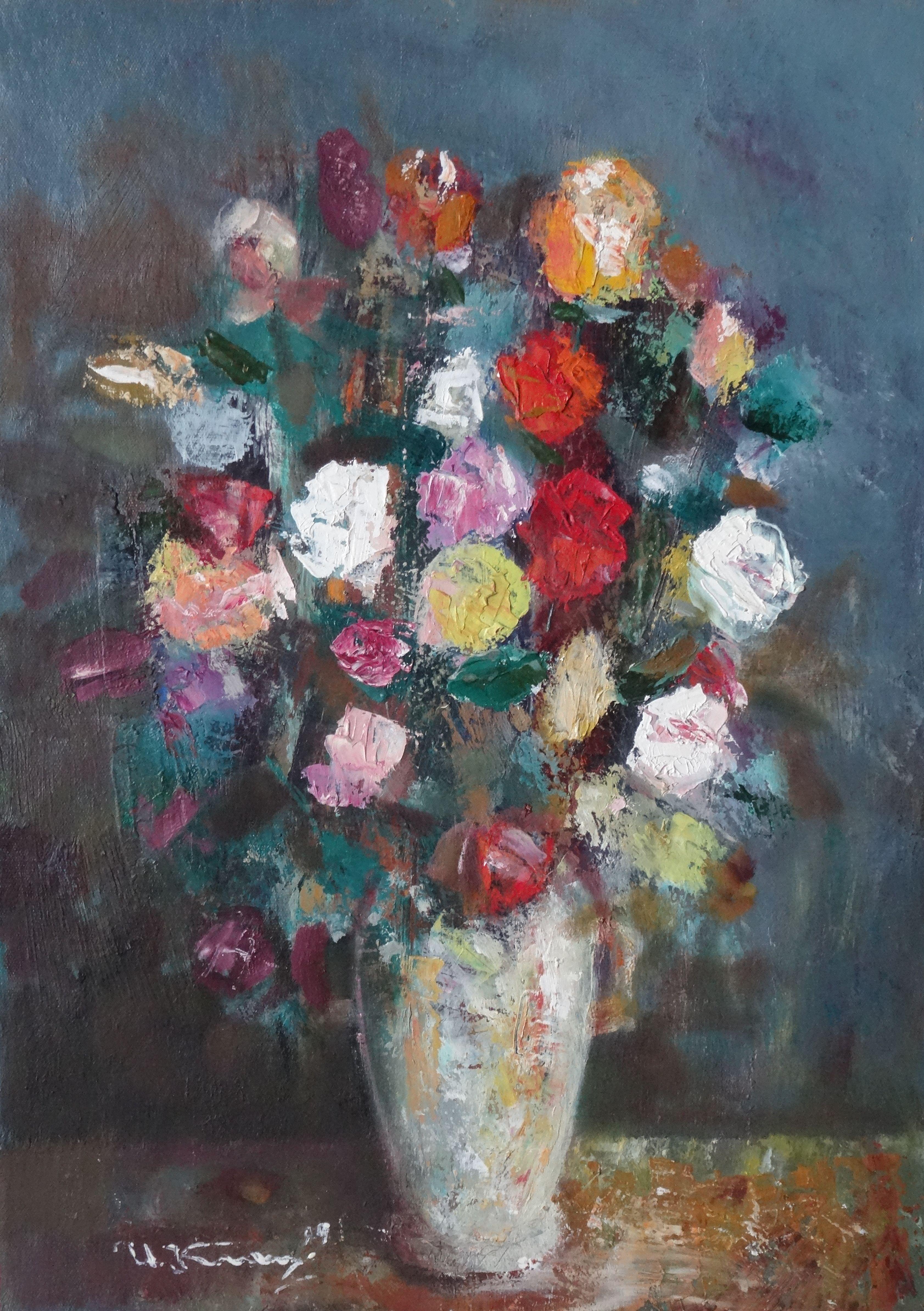 Uldis Krauze Abstract Painting - Flowers in a vase. Oil on cardboard, 51x36 cm