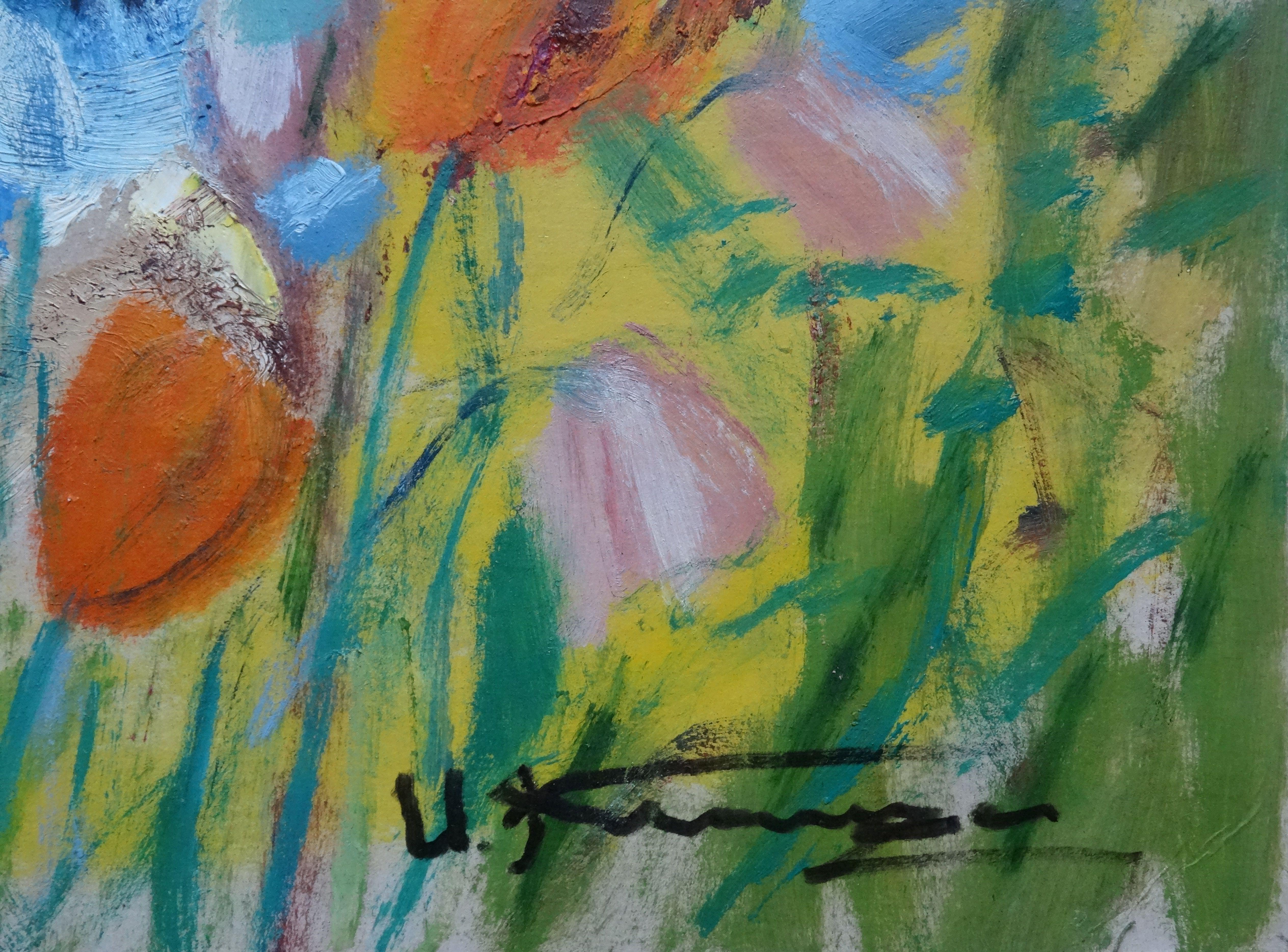 Flowers. Oil on cardboard, 44x58, 5 cm - Painting by Uldis Krauze
