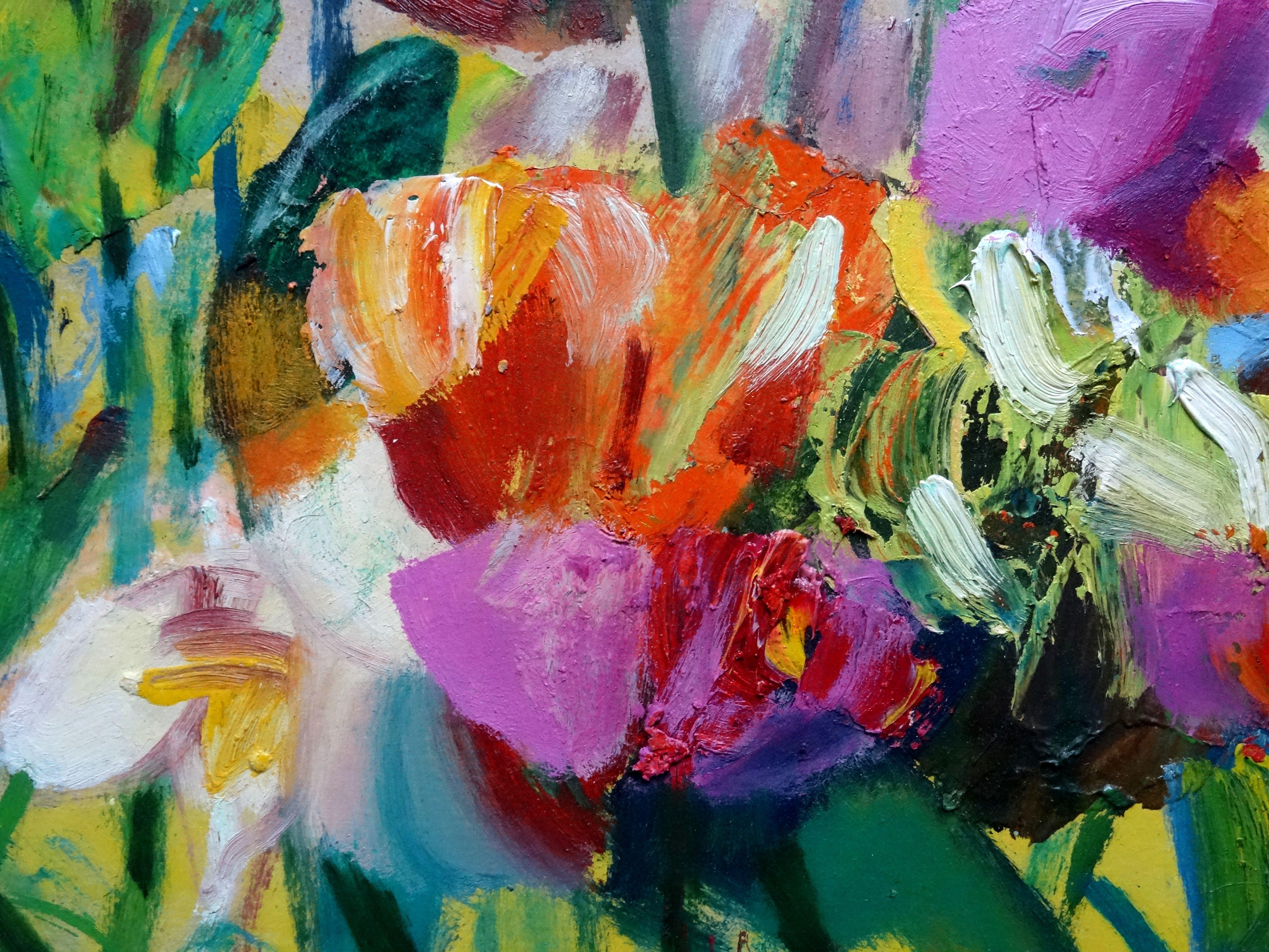 Flowers. Oil on cardboard, 44x58, 5 cm - Impressionist Painting by Uldis Krauze