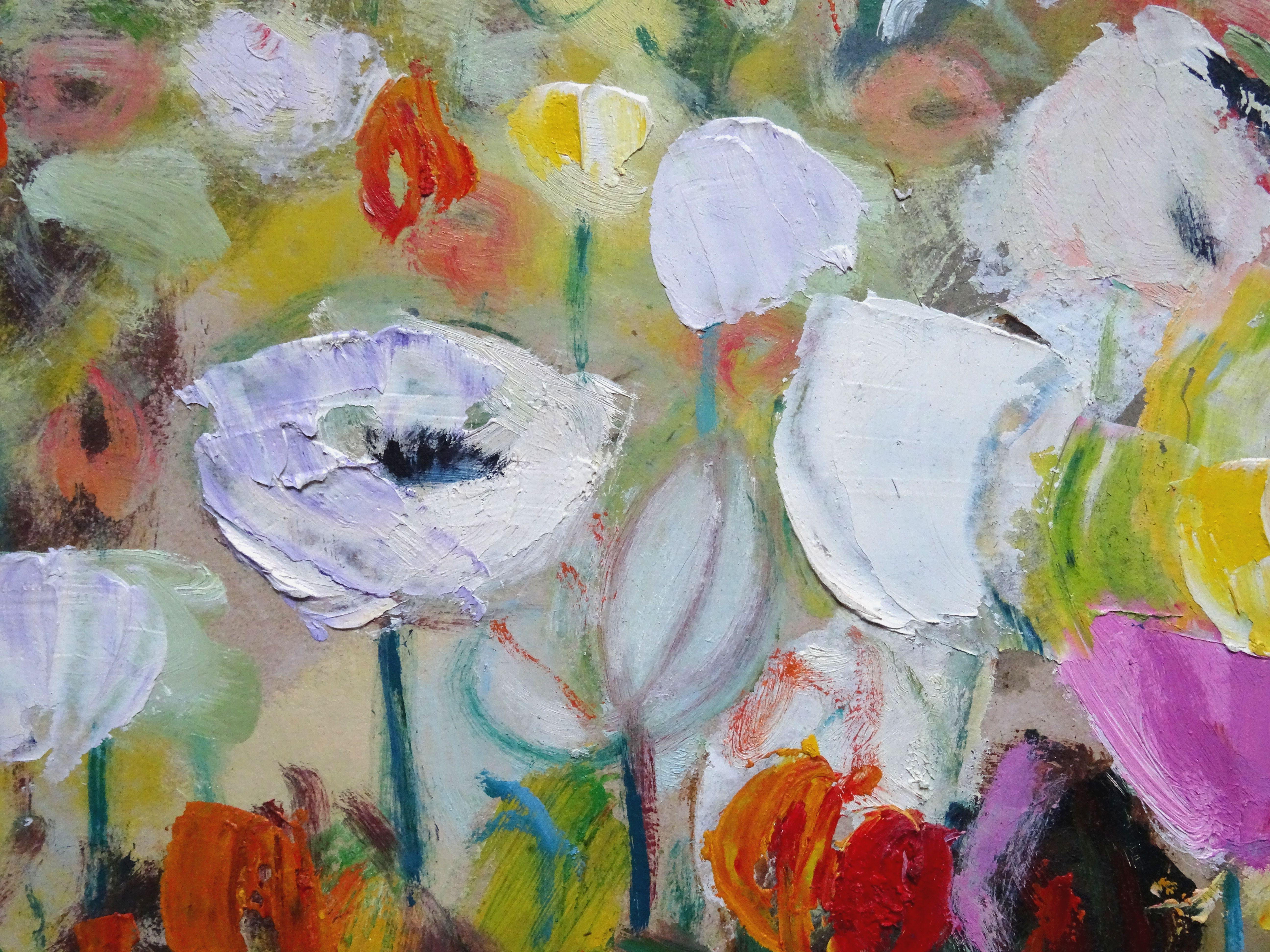 Flowers. Oil on cardboard, 44x58, 5 cm - Brown Abstract Painting by Uldis Krauze