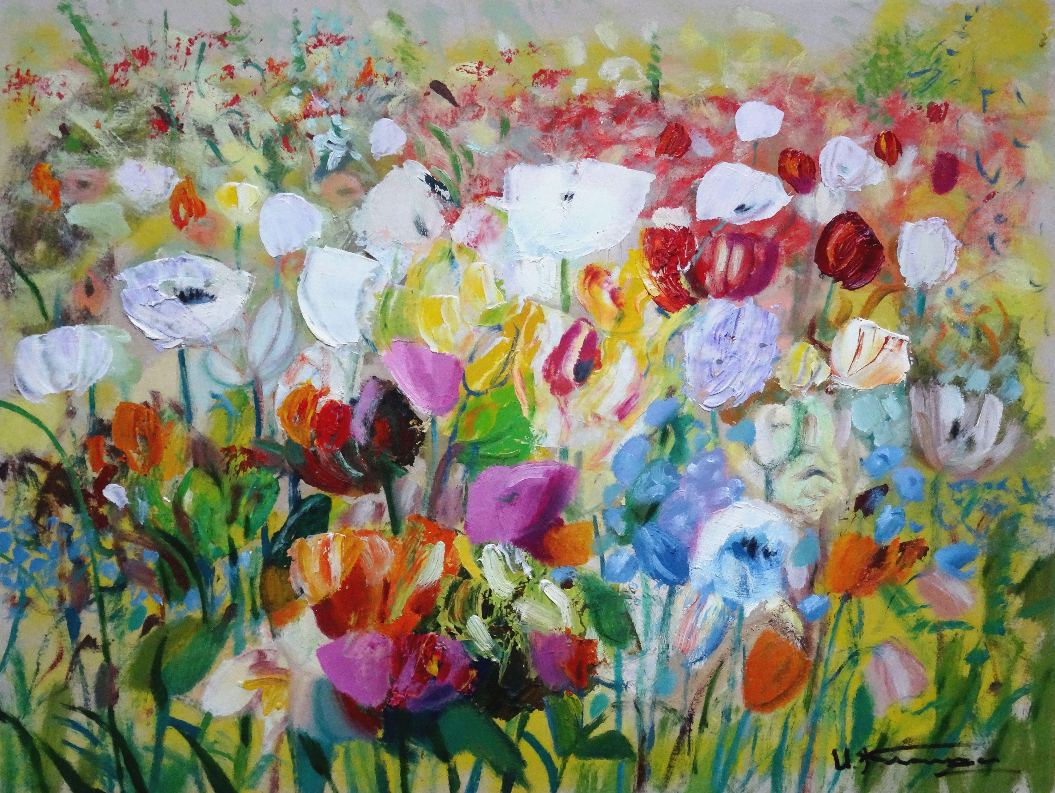 Uldis Krauze Abstract Painting - Flowers. Oil on cardboard, 44x58, 5 cm