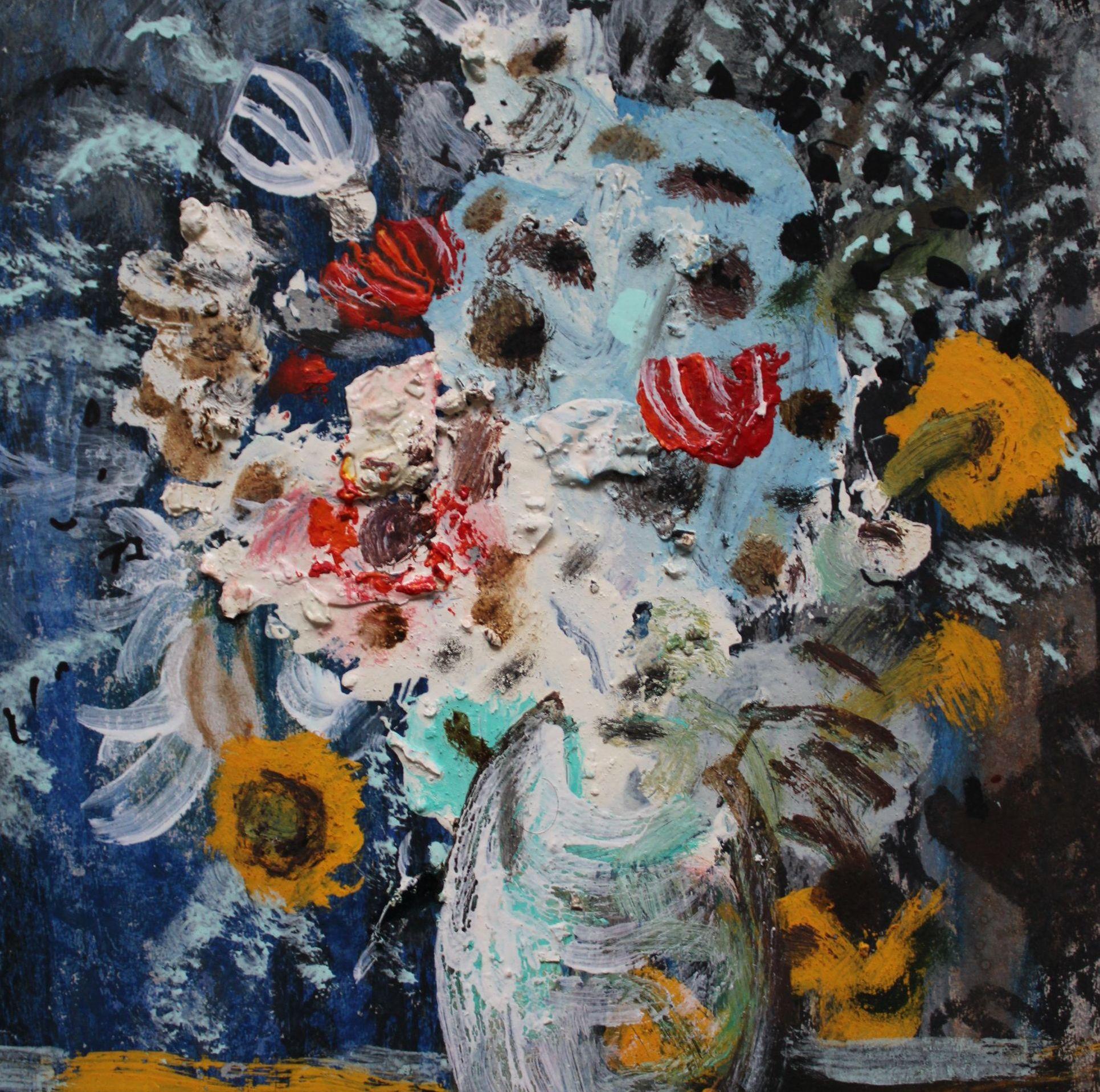 Flores sobre fondo azul - Painting de Uldis Krauze