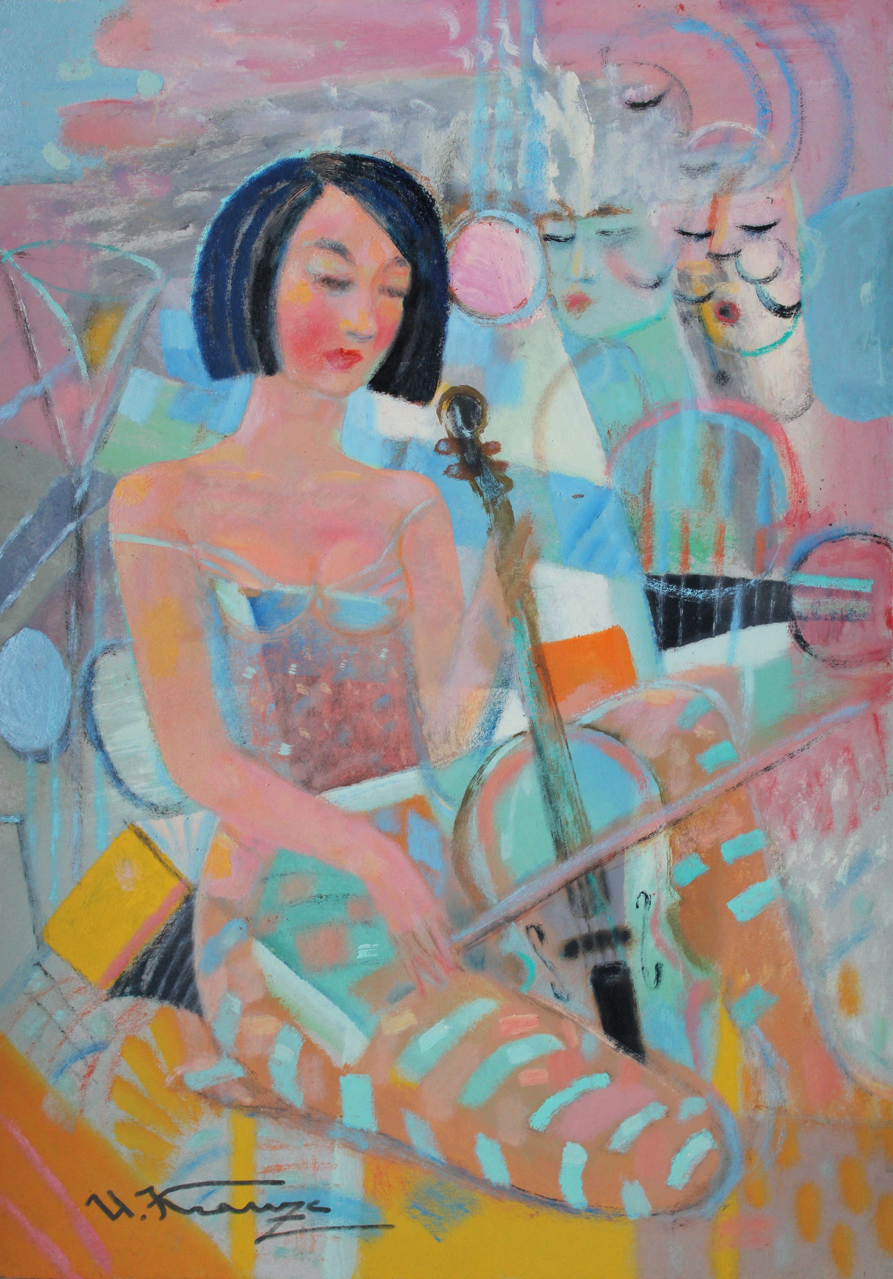 Uldis Krauze Figurative Painting - Let the melody play  2022., cardboard, oil, 70x50 cm