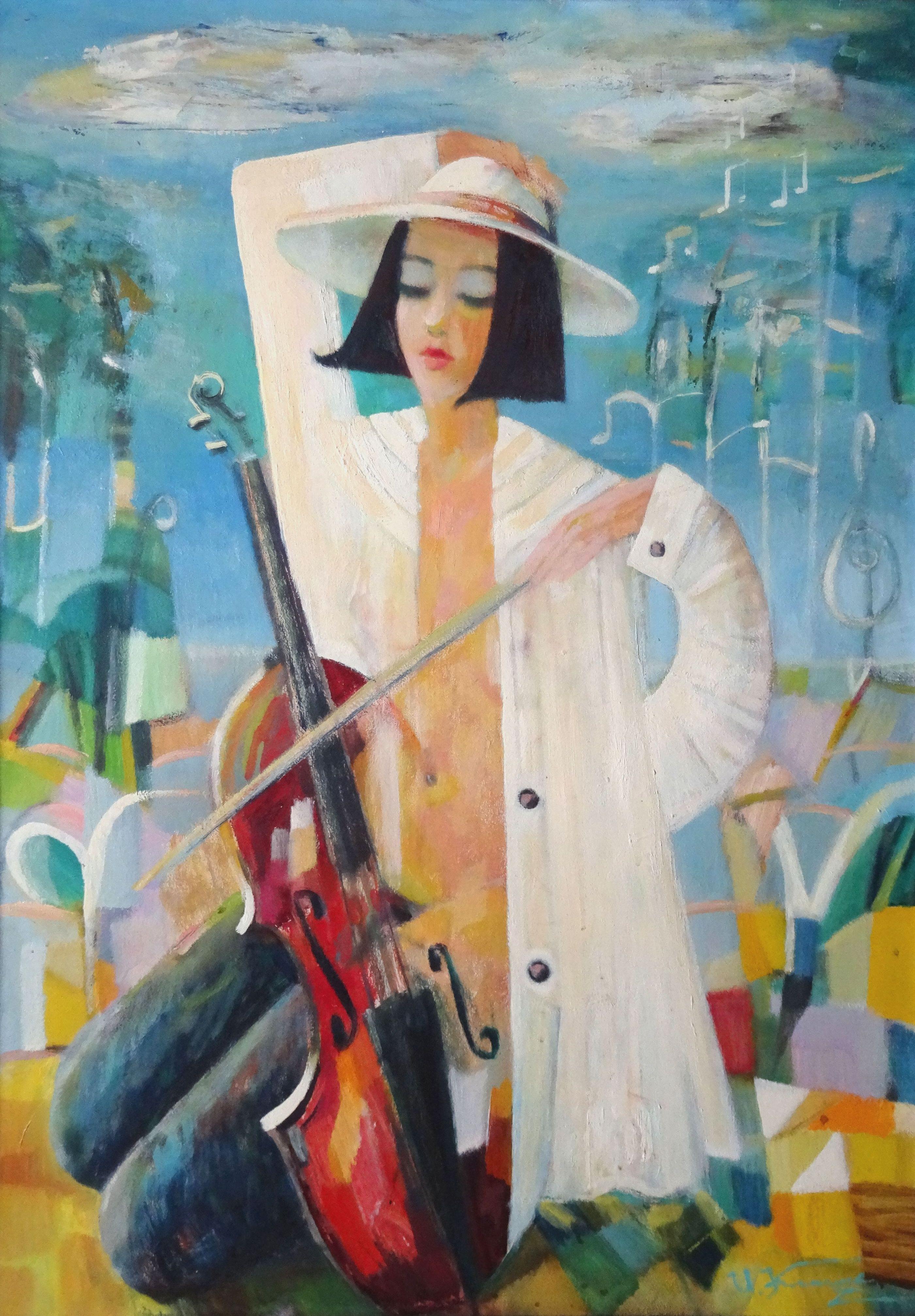Uldis Krauze Figurative Painting - Musical mood. 2001. Oil on cardboard, 90x64 cm