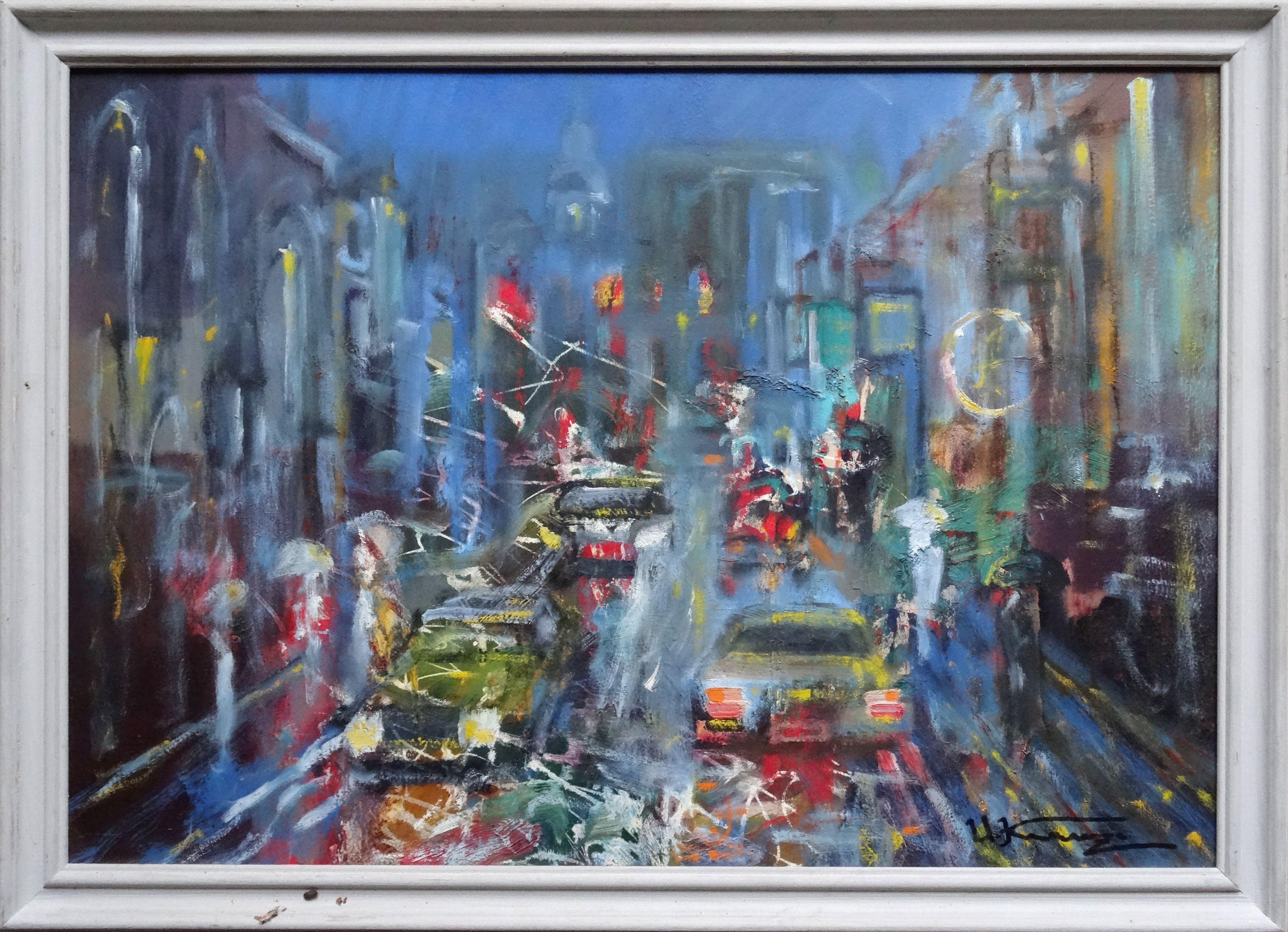 Night city (city de nuit). Huile sur carton, 44,5 x64 cm - Painting de Uldis Krauze