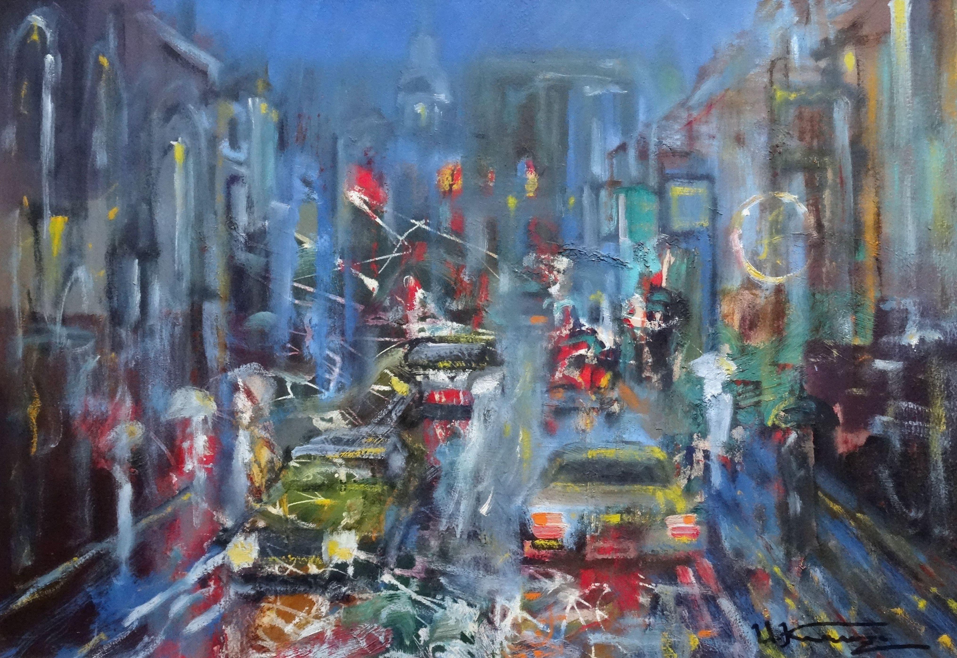 Landscape Painting Uldis Krauze - Night city (city de nuit). Huile sur carton, 44,5 x64 cm