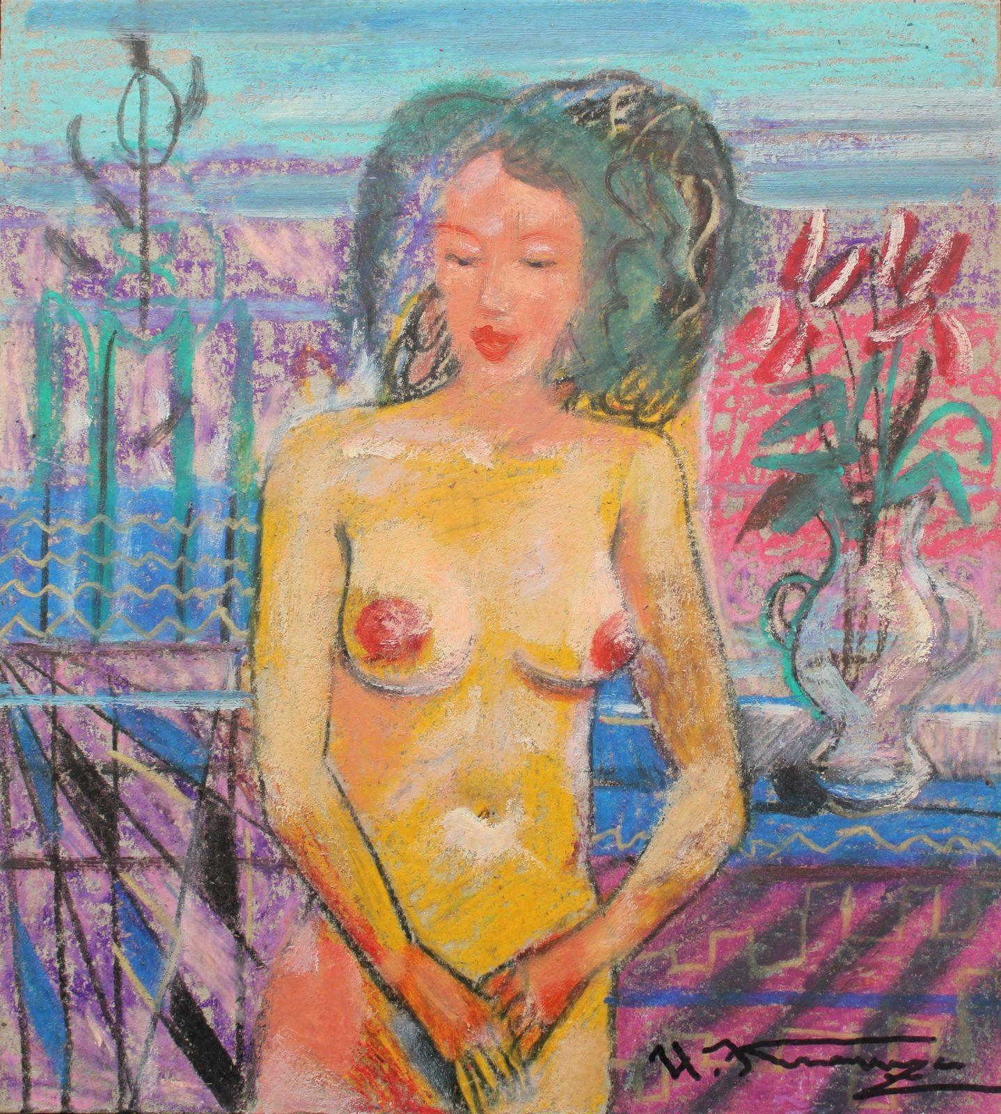 Uldis Krauze Nude Painting – Schüchternheit. Cardboard, Technik des Autors, 31x28 cm