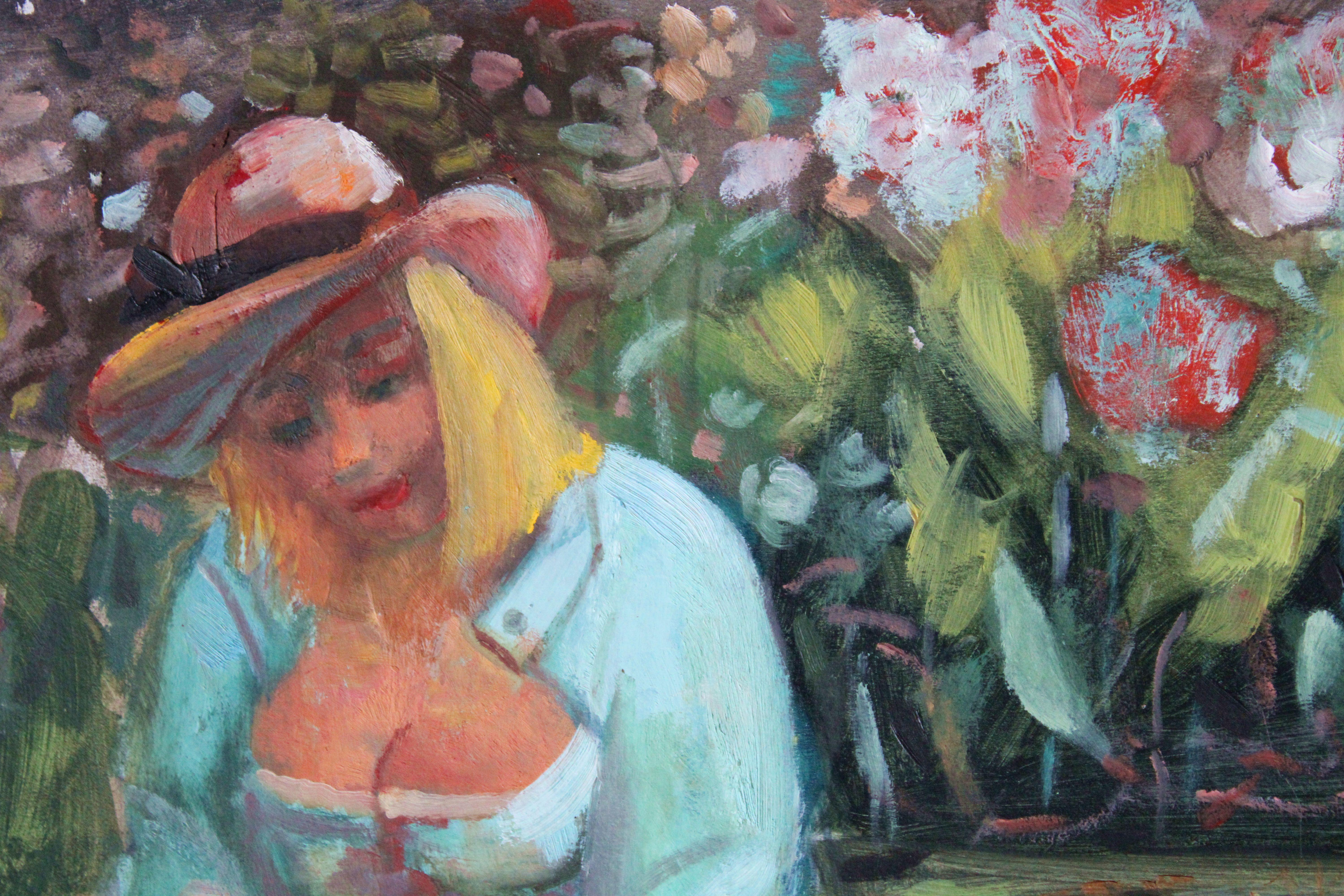 Solvita in the garden  1990, cardboard, oil, 35x50 cm. - Painting by Uldis Krauze