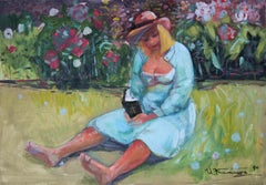 Solvita in the garden  1990, cardboard, oil, 35x50 cm.