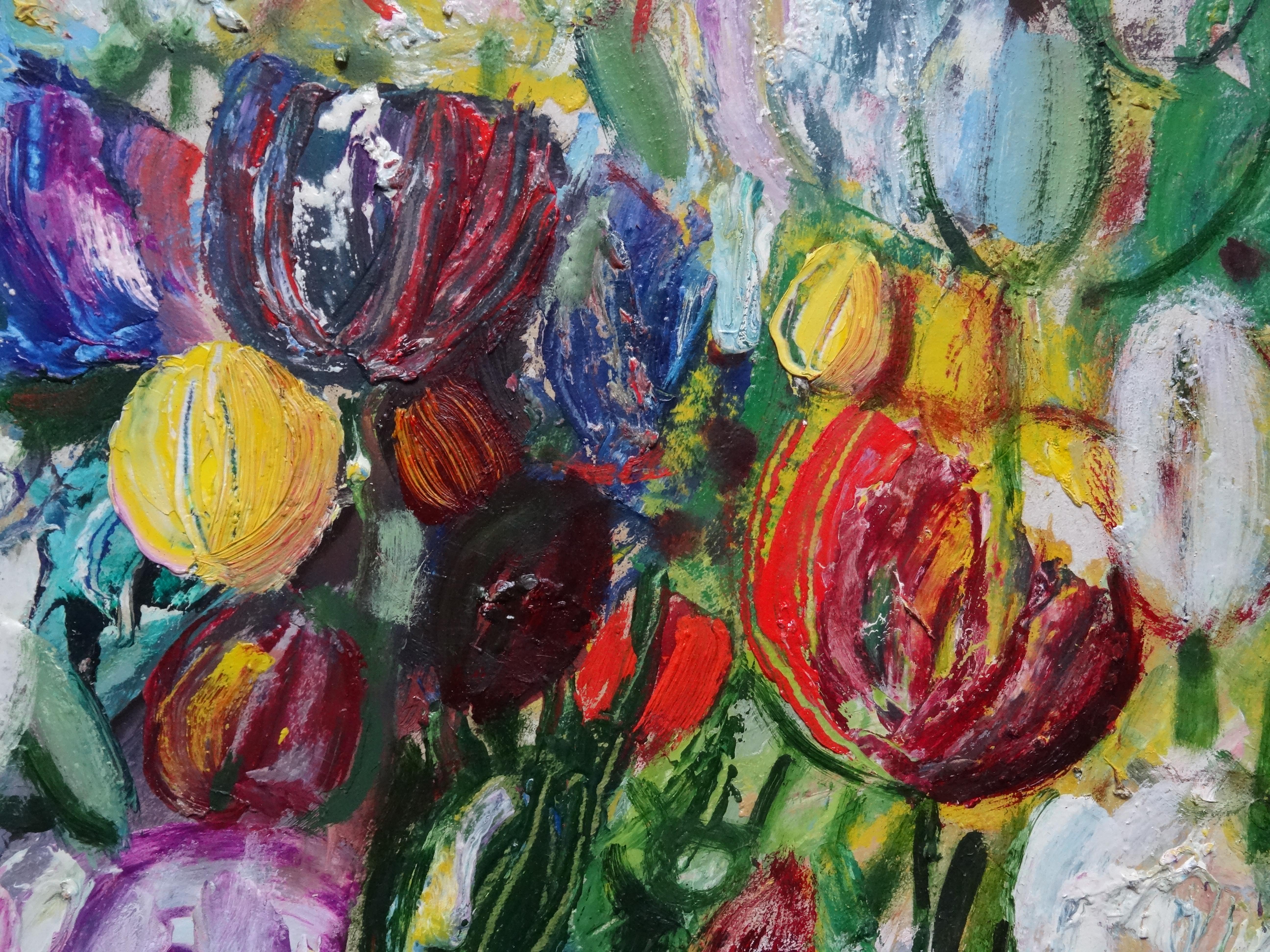 Tulips. Oil on cardboard, 44x58, 5 cm - Impressionist Painting by Uldis Krauze