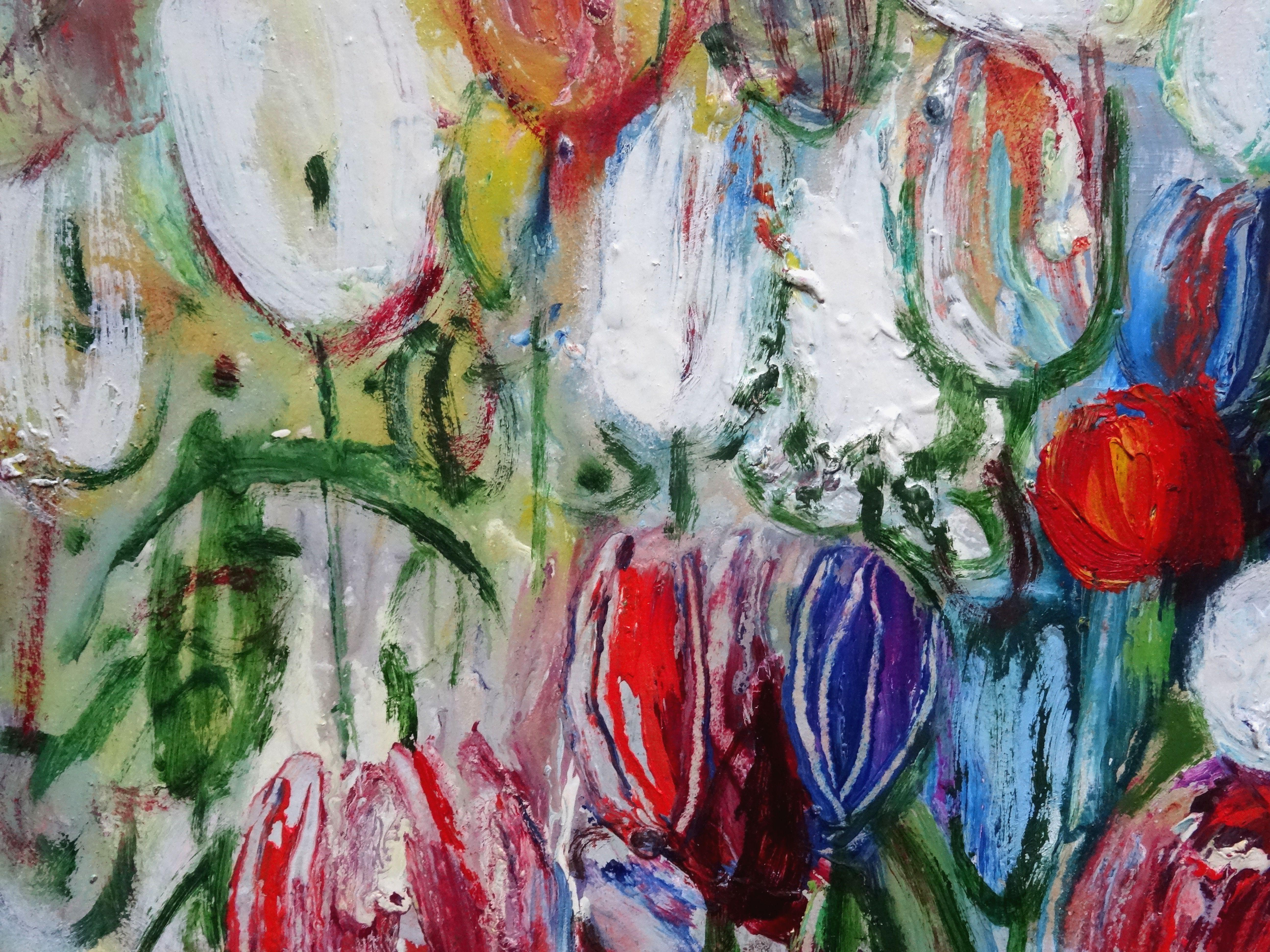 Tulips. Oil on cardboard, 44x58, 5 cm - Gray Abstract Painting by Uldis Krauze
