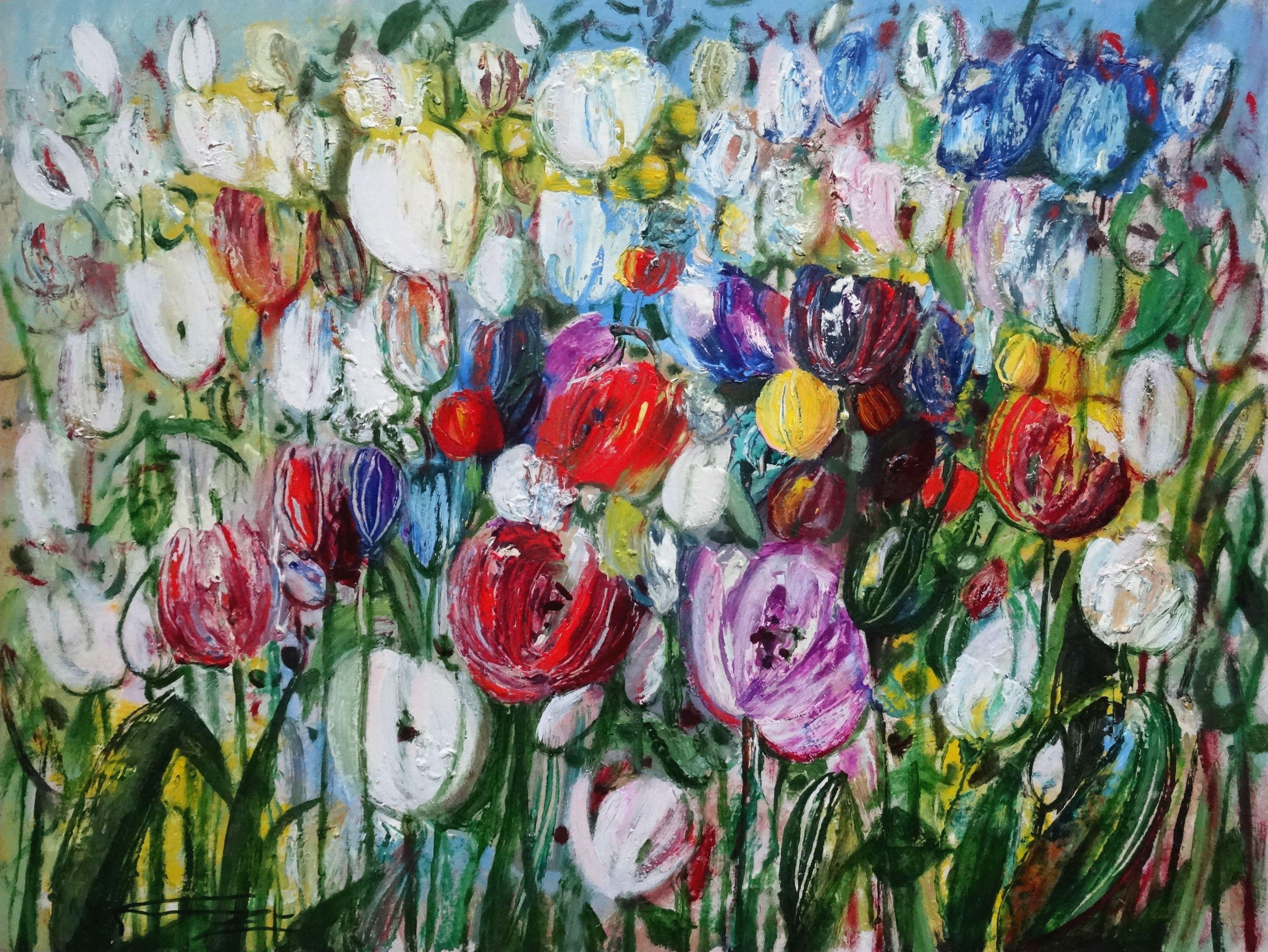 Uldis Krauze Abstract Painting - Tulips. Oil on cardboard, 44x58, 5 cm