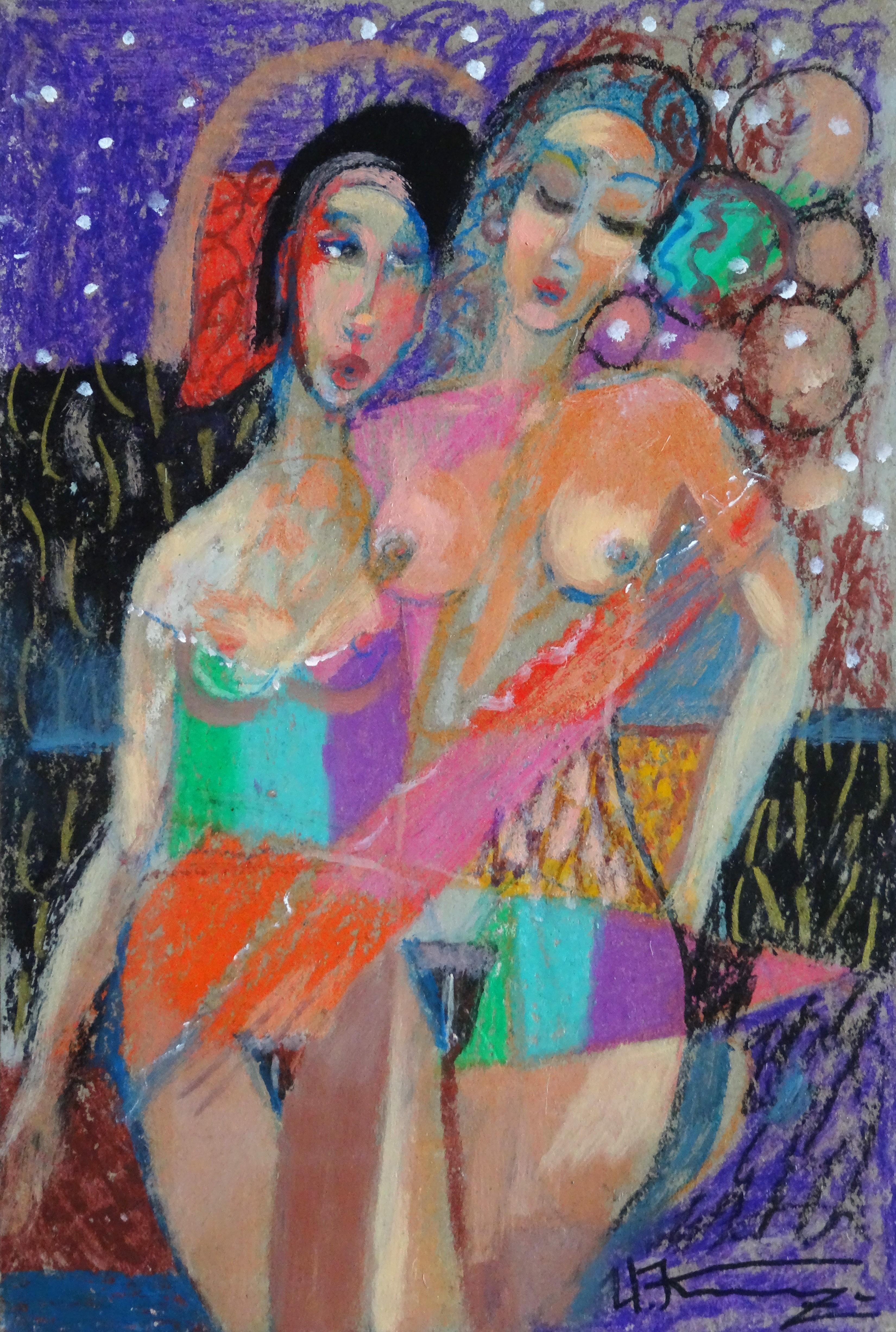 Uldis Krauze Nude Painting - Two dancers. Cardboard, oil, 34x23 cm