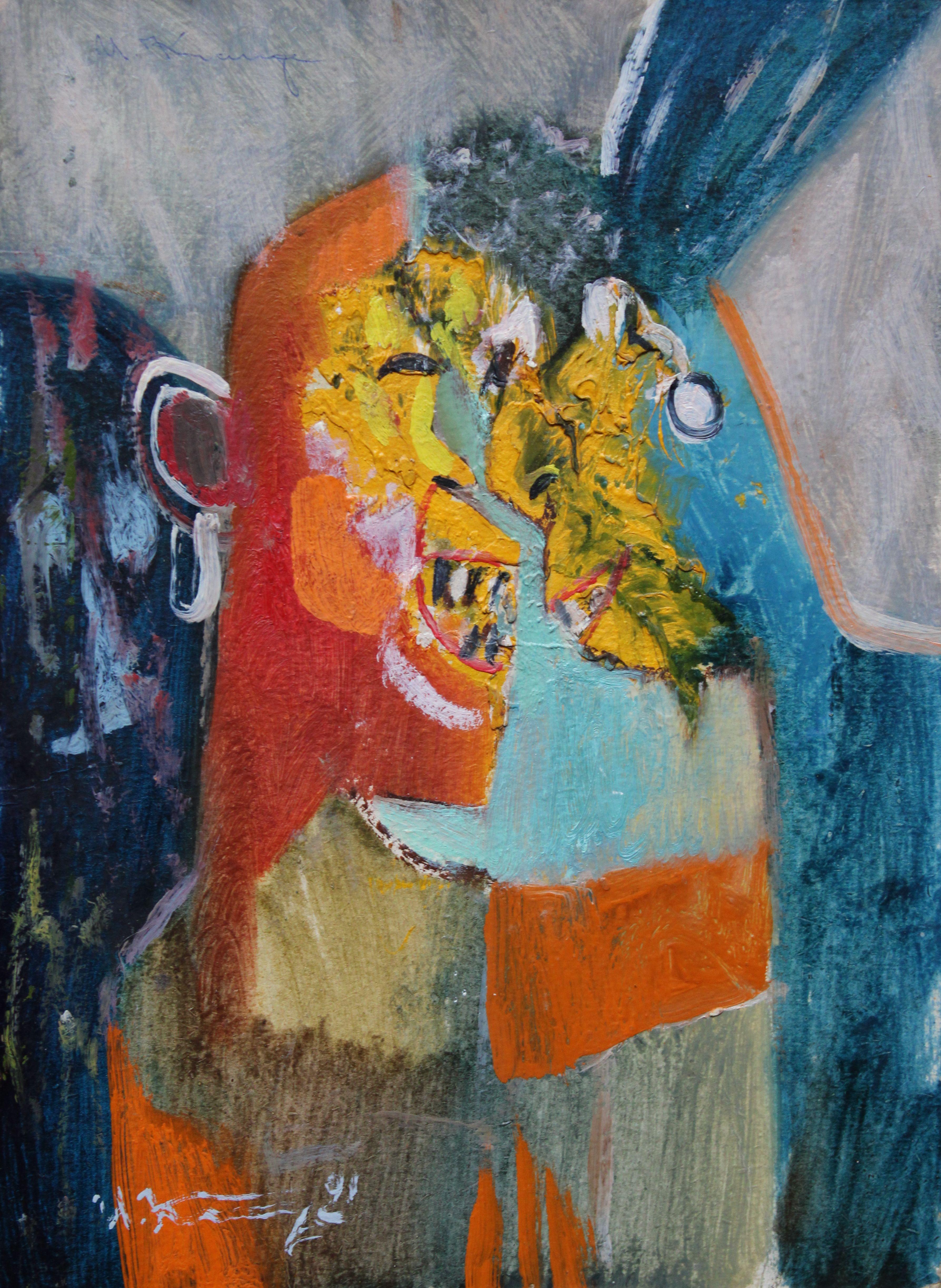 Uldis Krauze Animal Painting - Two friends  1991, cardboard, oil, 31x22.5 cm