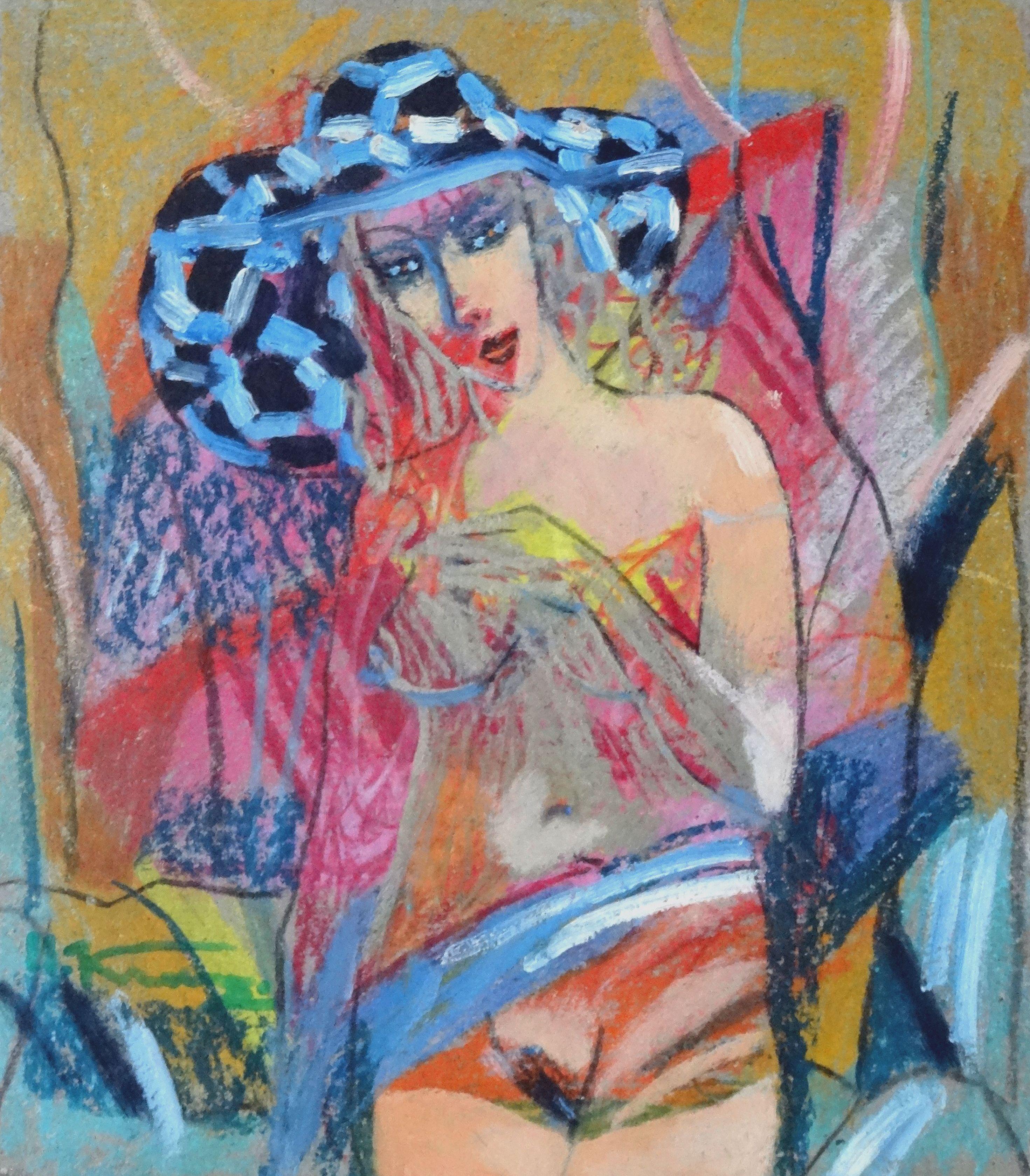 Uldis Krauze Figurative Painting - With a hat. Oil on cardboard 29x25, 5 cm