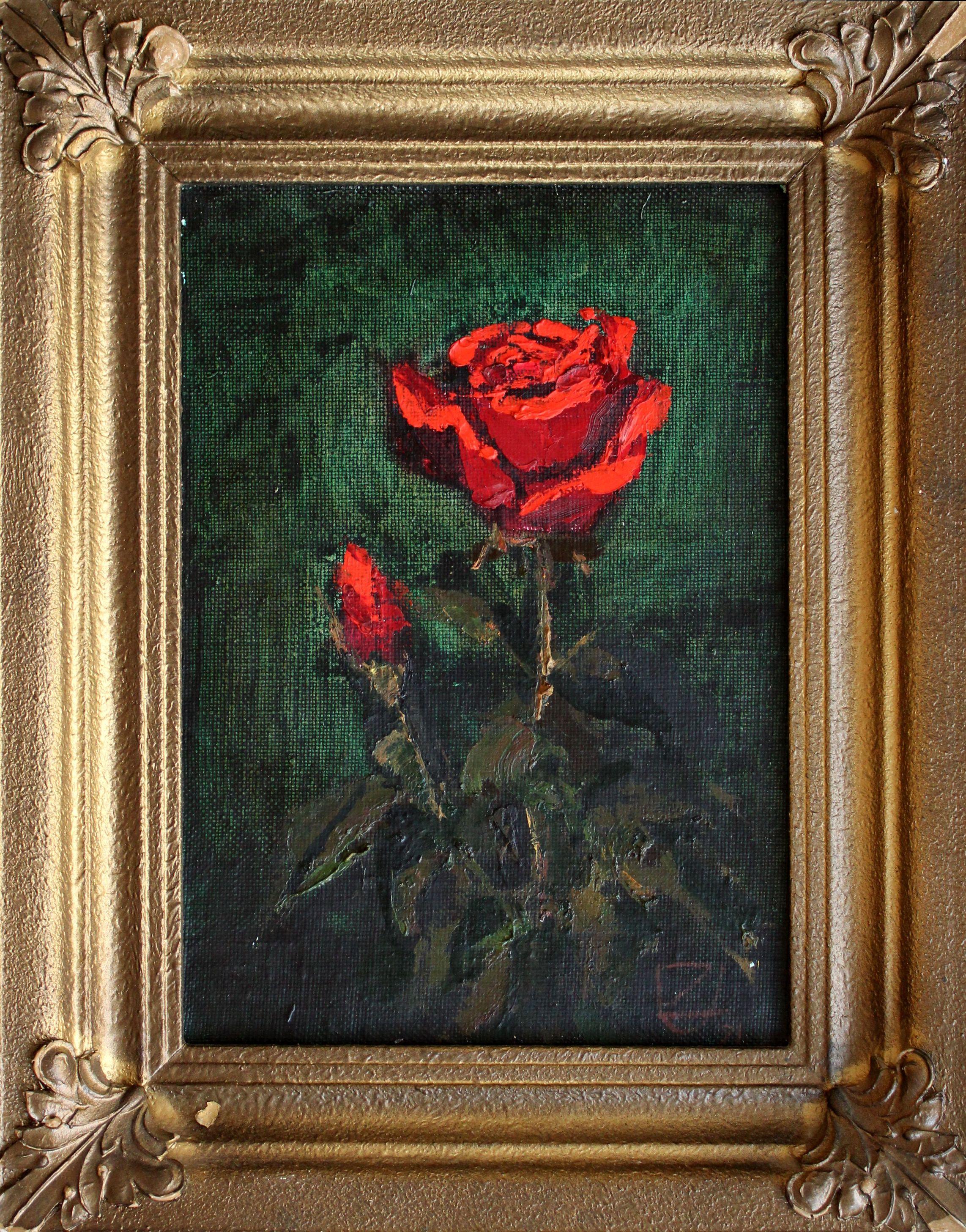 Rose. 1991, Karton, Öl, 34x24 cm, Rose. – Painting von Uldis Zemzaris