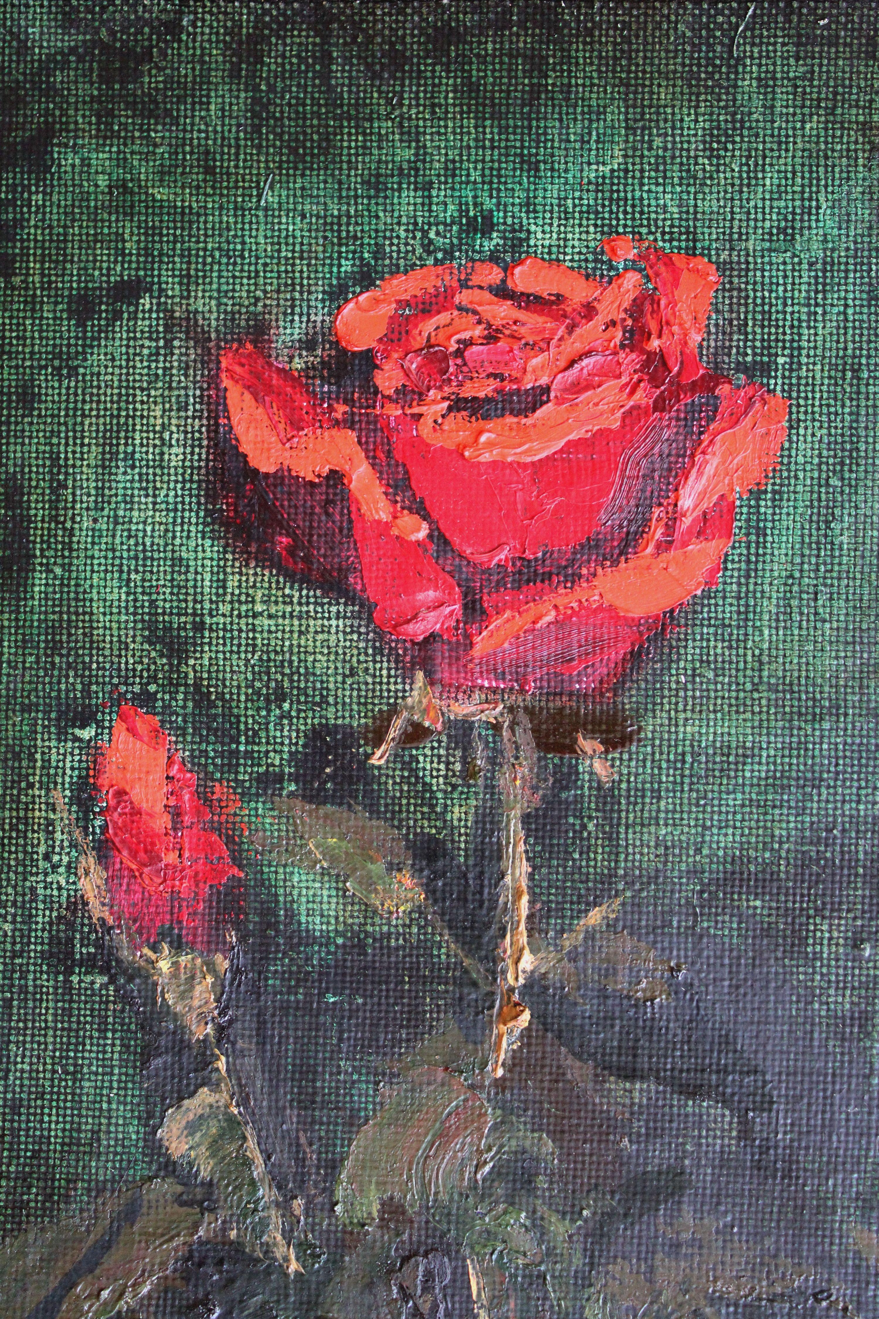 Rose. 1991, cardboard, oil, 34x24 cm - Realist Painting by Uldis Zemzaris