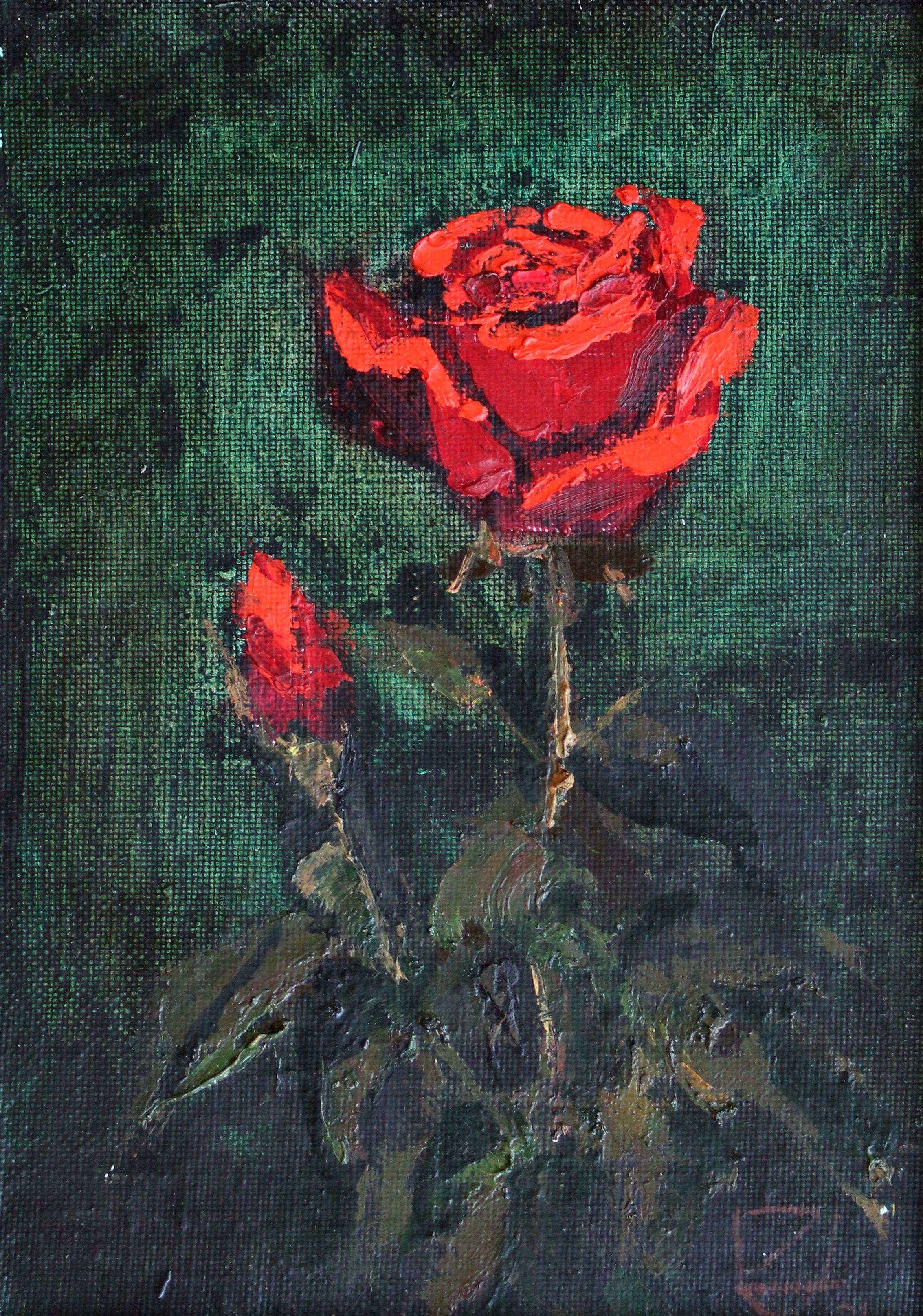 Still-Life Painting Uldis Zemzaris - Rose. 1991, carton, huile, 34 x 24 cm