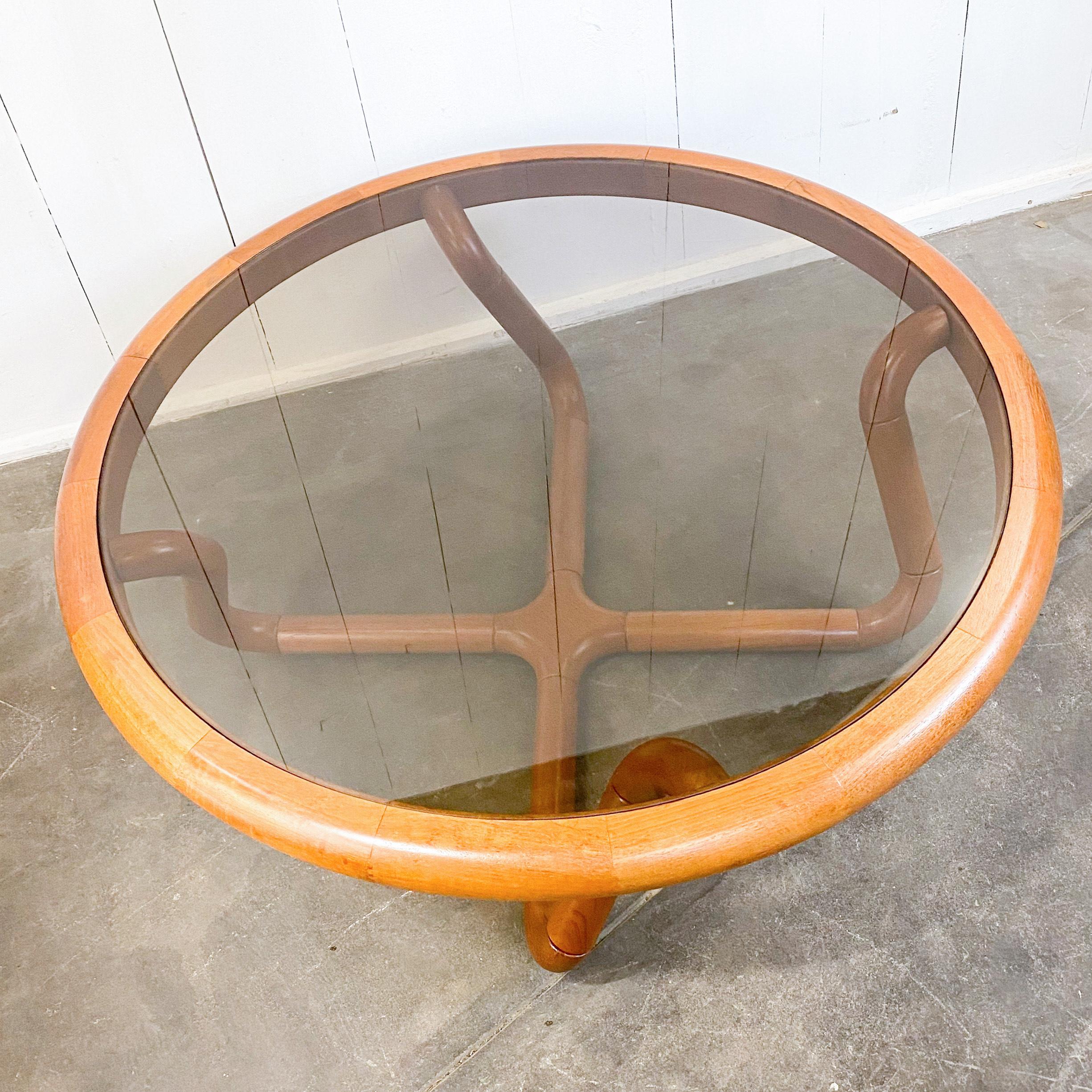 Uldum Handcrafted Circular Teak and Smoked Glass Coffee Table, Denmark, 1960s In Good Condition In Camden, ME