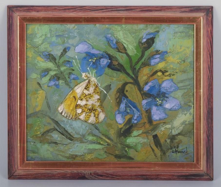 Ulf Ålund (born 1948), Swedish artist. 
Oil on canvas.
Aurora butterfly in a flower landscape.
Late 20th century.
Signed in the lower right corner.
In perfect condition.
Visible dimensions: 33.0 cm x 27.0 cm.
Total dimensions: 40.0 cm x 34.0 cm.