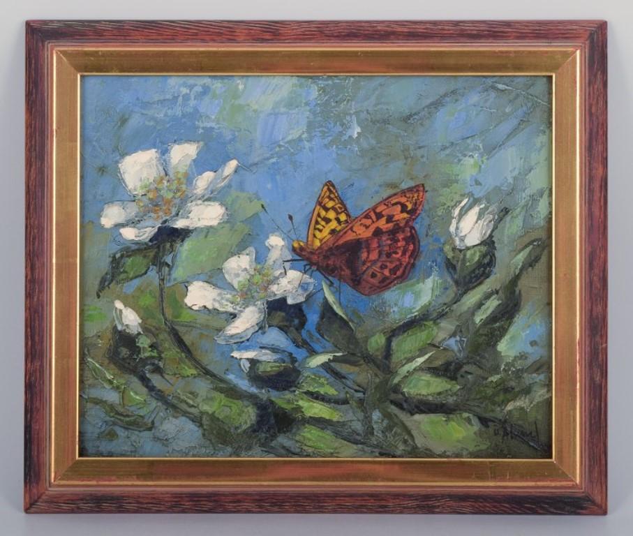 Ulf Ålund (born 1948), Swedish artist. 
Oil on canvas.
Mother-of-pearl butterfly in a flower landscape.
Late 20th century.
Signed in the lower right corner.
In perfect condition.
Visible dimensions: 33.0 cm x 27.0 cm.
Total dimensions: 40.0 cm x
