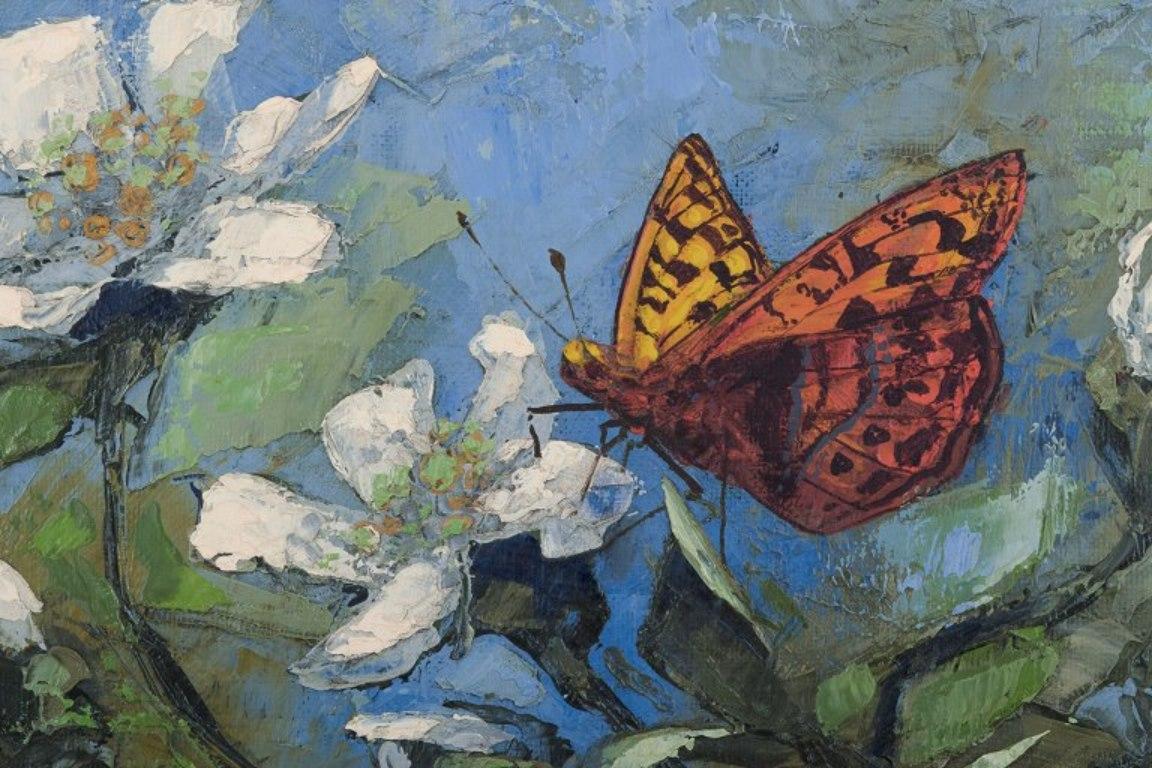 Ulf Ålund, Swedish artist.  Oil on canvas. Mother-of-pearl butterfly on a flower In Excellent Condition For Sale In Copenhagen, DK