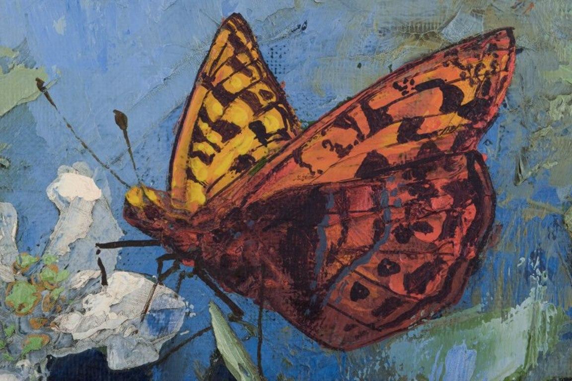 20th Century Ulf Ålund, Swedish artist.  Oil on canvas. Mother-of-pearl butterfly on a flower For Sale