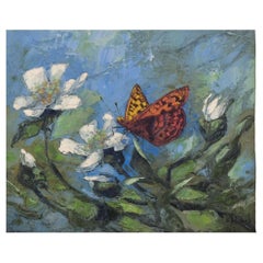 Vintage Ulf Ålund, Swedish artist.  Oil on canvas. Mother-of-pearl butterfly on a flower