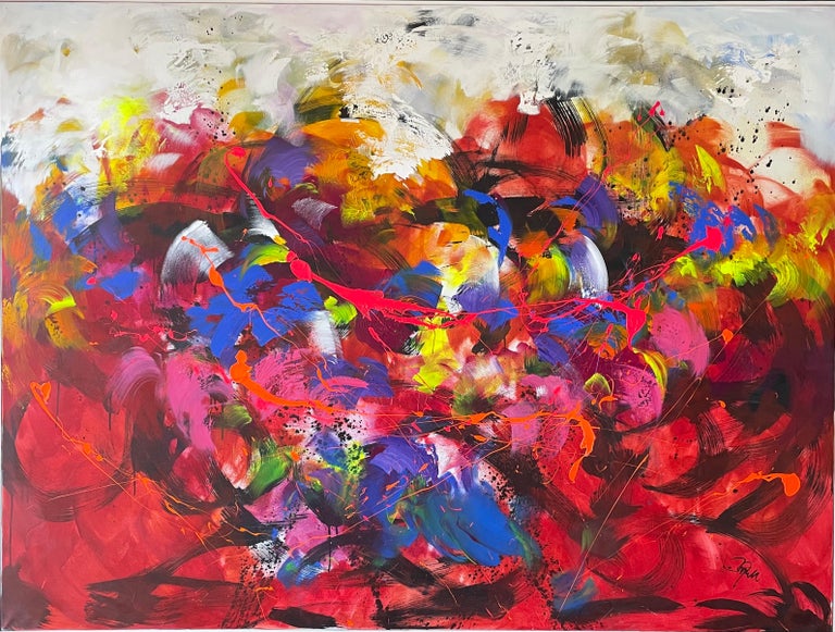 Ulf Røll Larsen "In the afternoon" Oversized Multi colored Contemporary Painting. Red Abstract