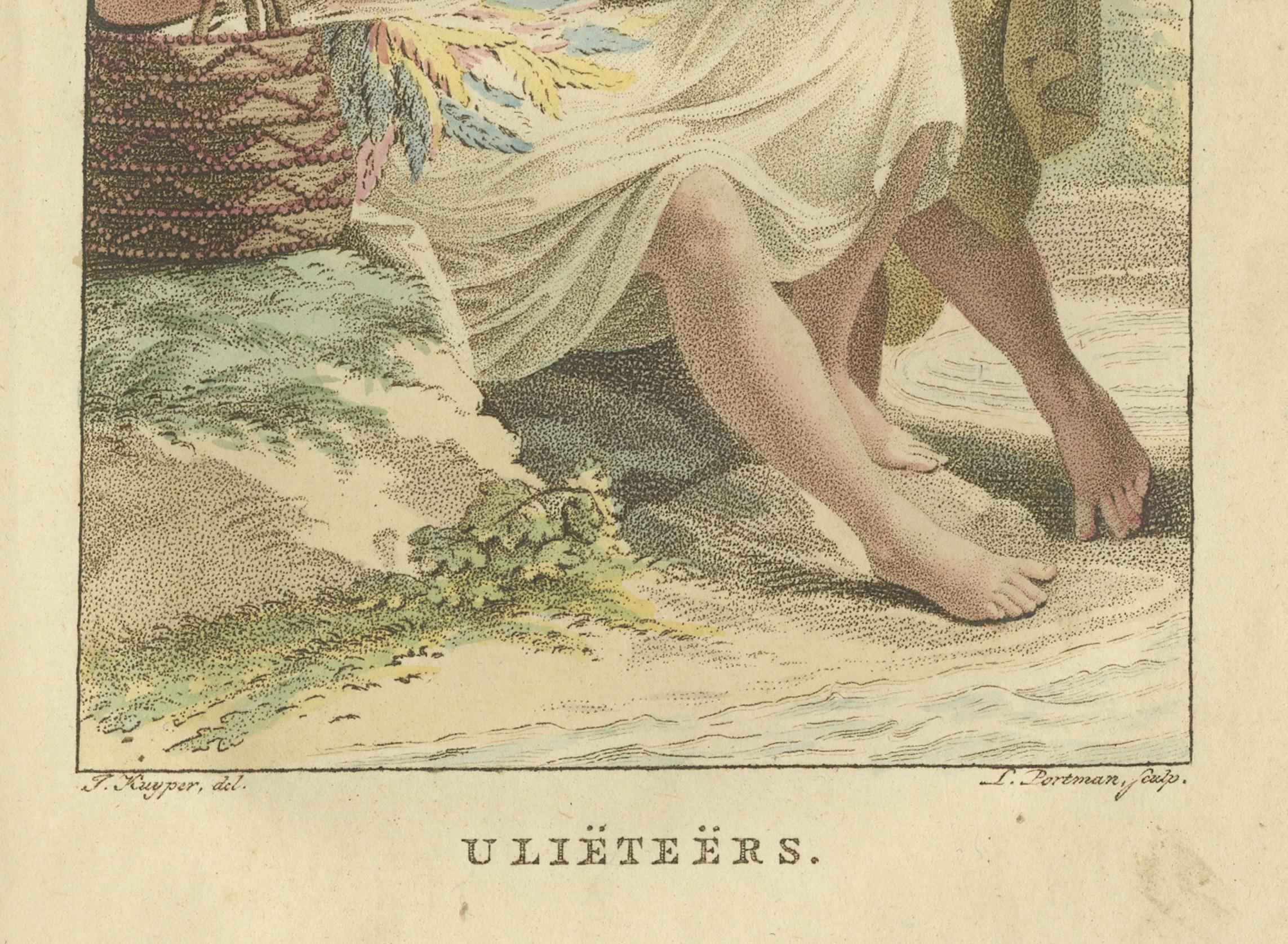 Ulieteërs - Alter handkolorierter ethnografischer Kupferstich von Raiatea, Polynesien 1803 (Niederländisch) im Angebot