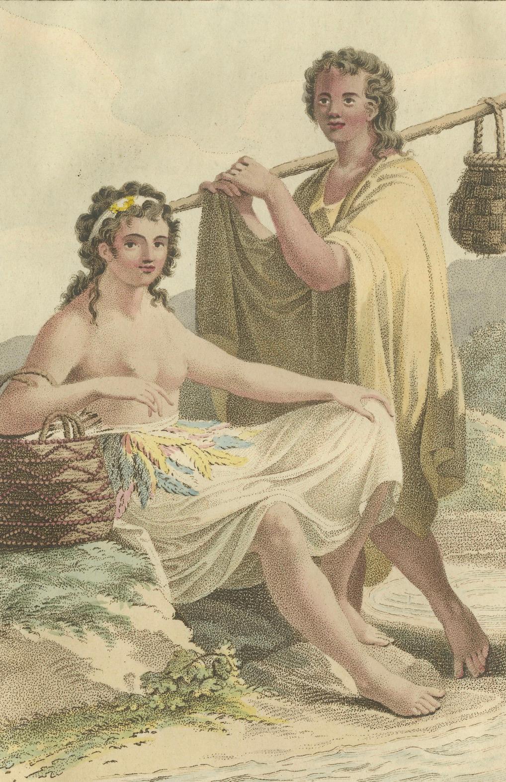 Ulieteërs - Alter handkolorierter ethnografischer Kupferstich von Raiatea, Polynesien 1803 im Zustand „Gut“ im Angebot in Langweer, NL