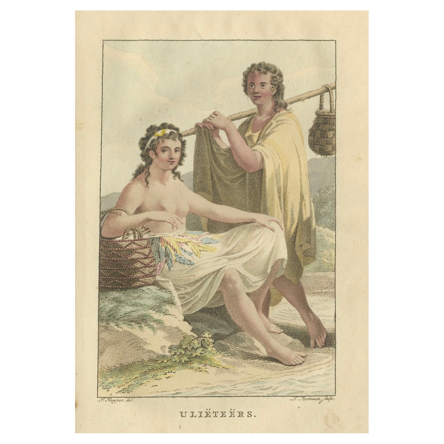 Ulieteërs - Alter handkolorierter ethnografischer Kupferstich von Raiatea, Polynesien 1803