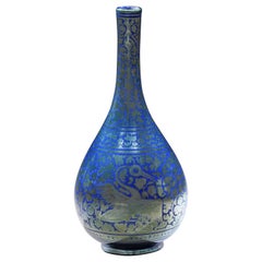 Antique Ulisse Cantagalli Bottle Lustre Florence Phoenix Lapis Lazuli Blue Silver