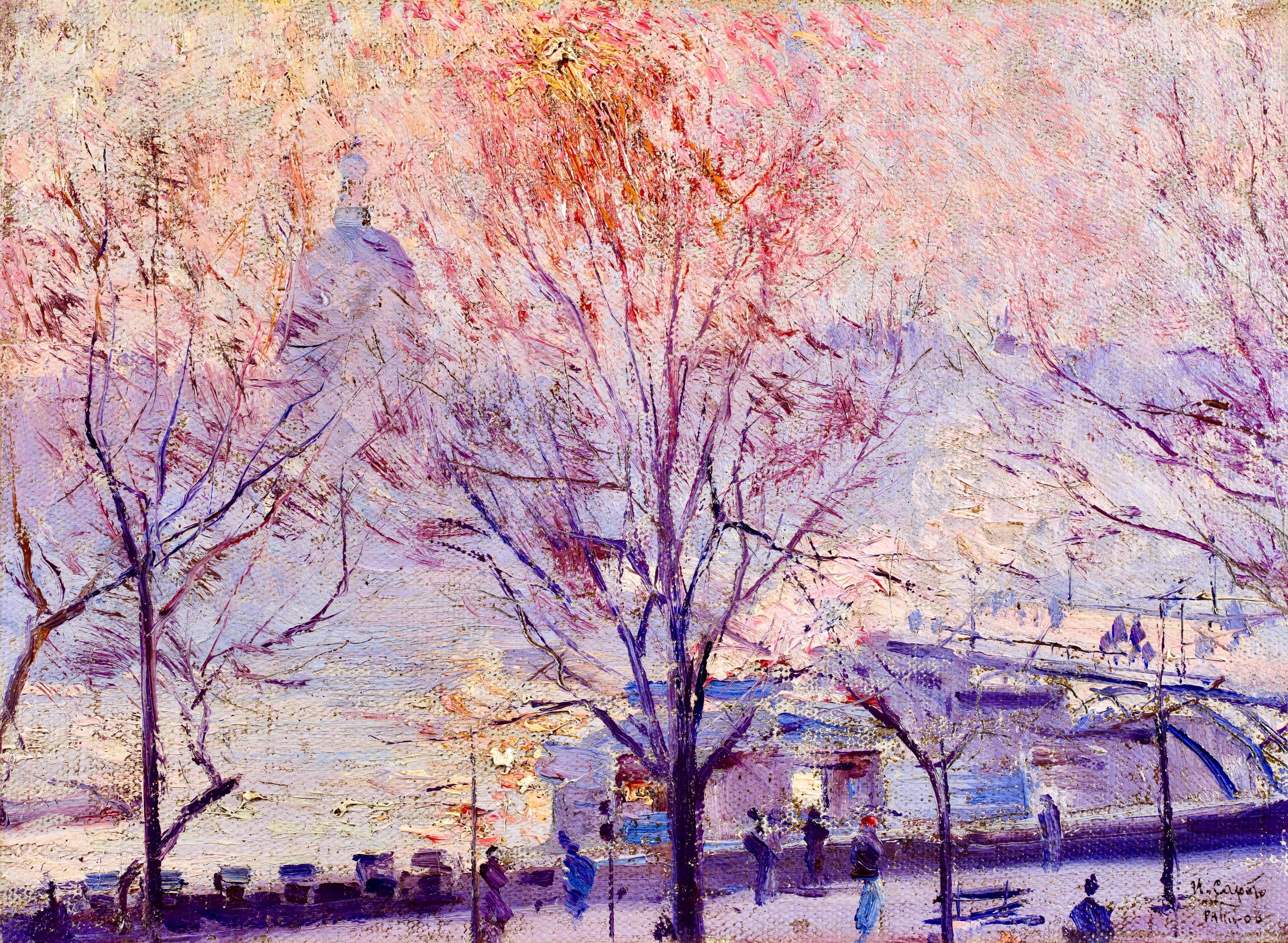 Lever de soleil au Pont des Arts - Impressionistische Landschaft Öl von Ulisee Caputo – Painting von Ulisse Caputo