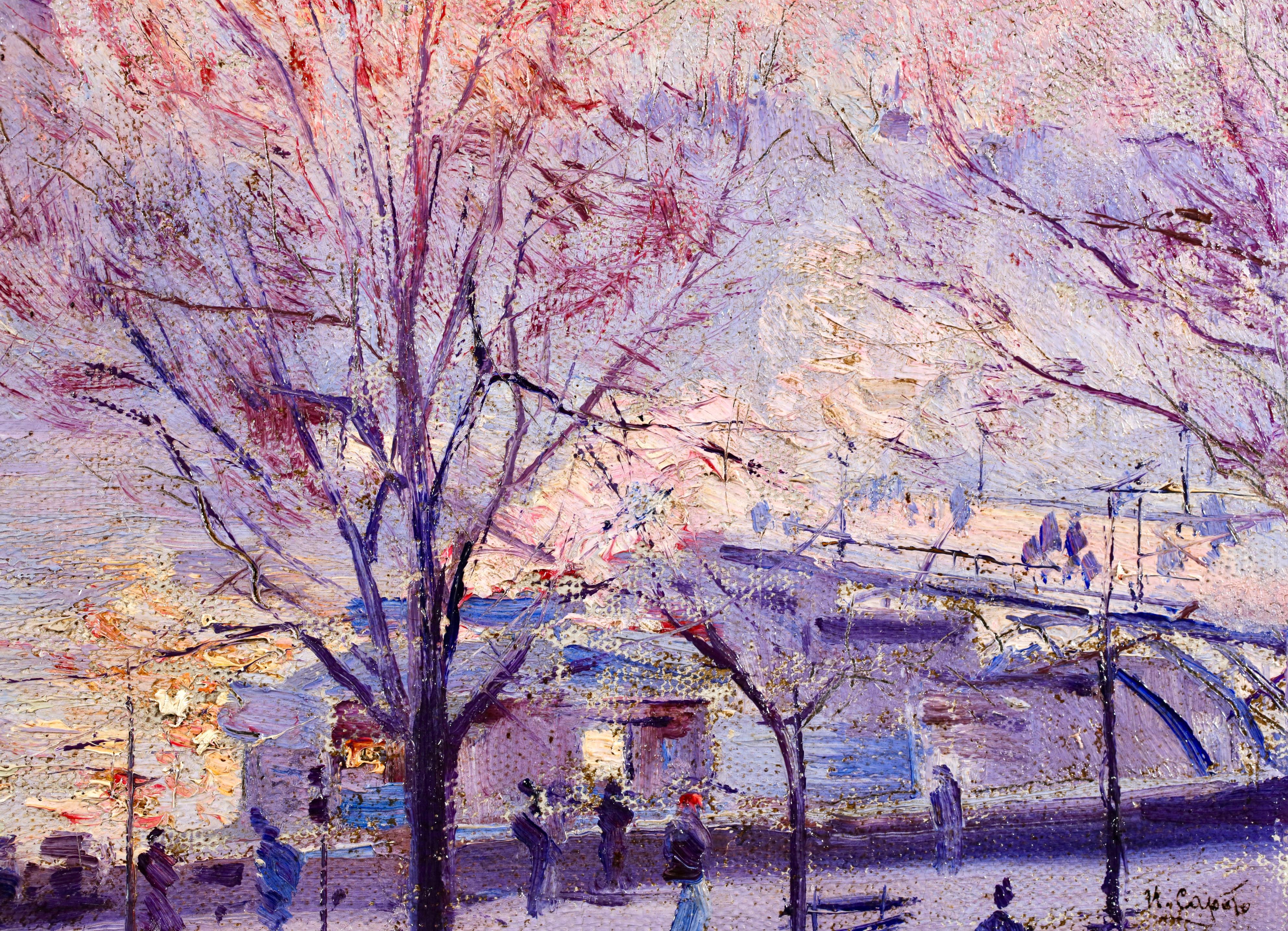 Lever de soleil au Pont des Arts - Impressionistische Landschaft Öl von Ulisee Caputo (Braun), Landscape Painting, von Ulisse Caputo