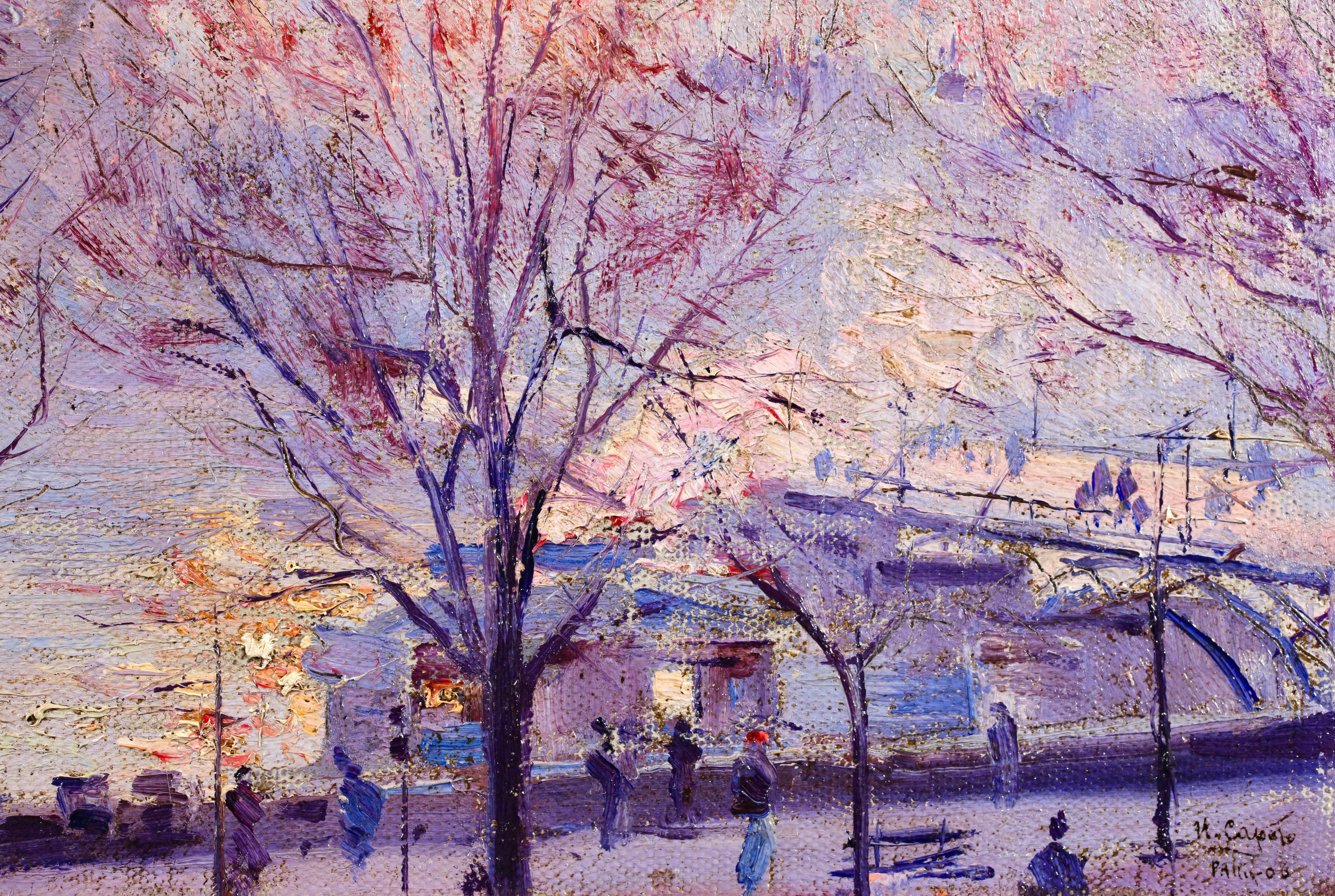 Signiert und datiert impressionistische Öl auf Karton Landschaft von neapolitanischen Maler Ulisse Caputo. Das Werk zeigt eine Ansicht der Brücke Pont des Arts in Paris, Frankreich, bei Sonnenaufgang im Winter. Die Kälte ist in den Blau- und
