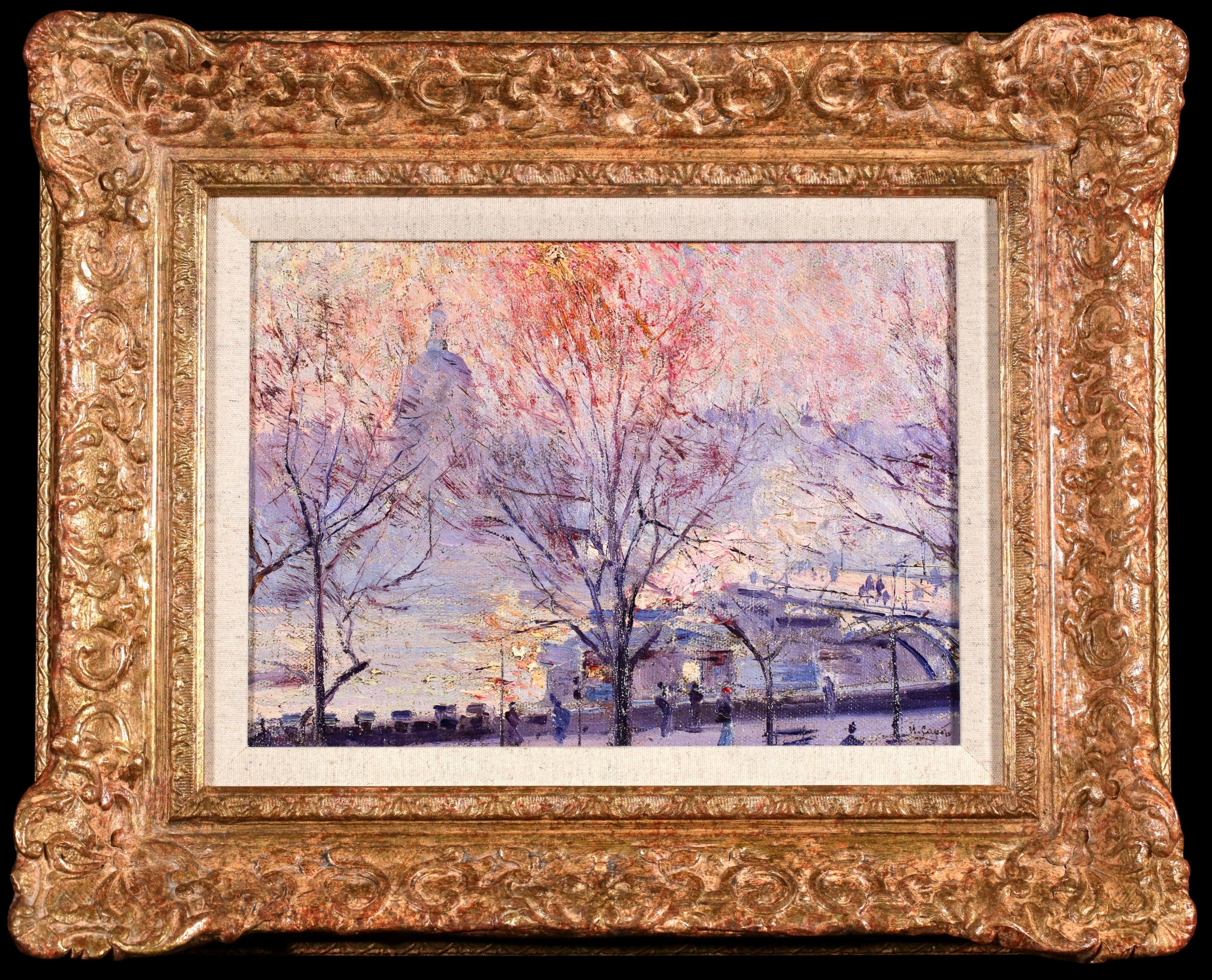 Lever de soleil au Pont des Arts - Impressionist Landscape Oil by Ulisee Caputo
