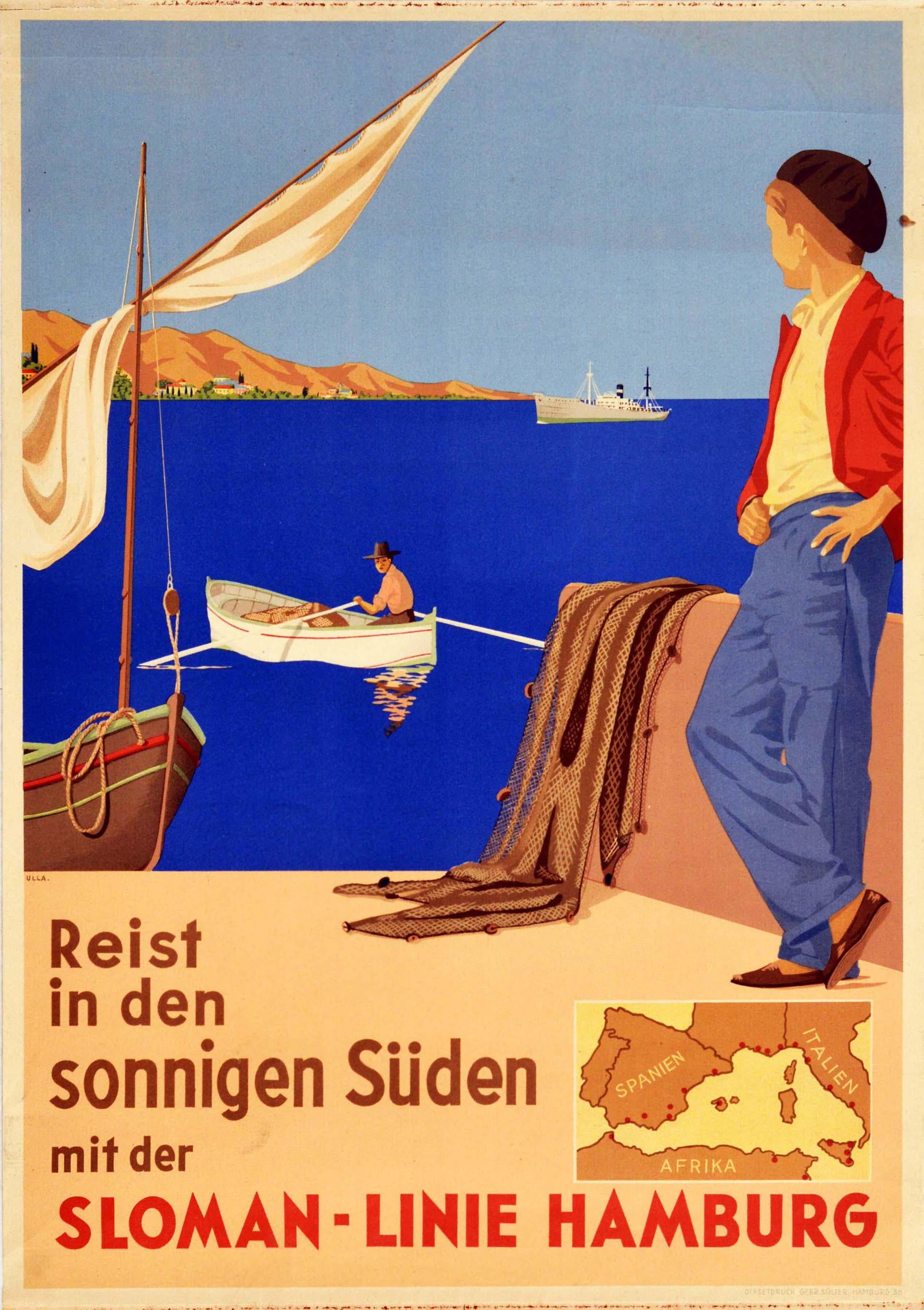 Ulla Print - Original Vintage Travel Poster Sloman Line Mediterranean Map Spain Italy Africa