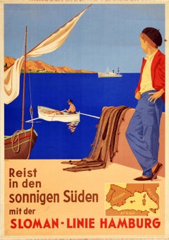 Original Vintage Travel Poster Sloman Line Mediterranean Map Spain Italy Africa